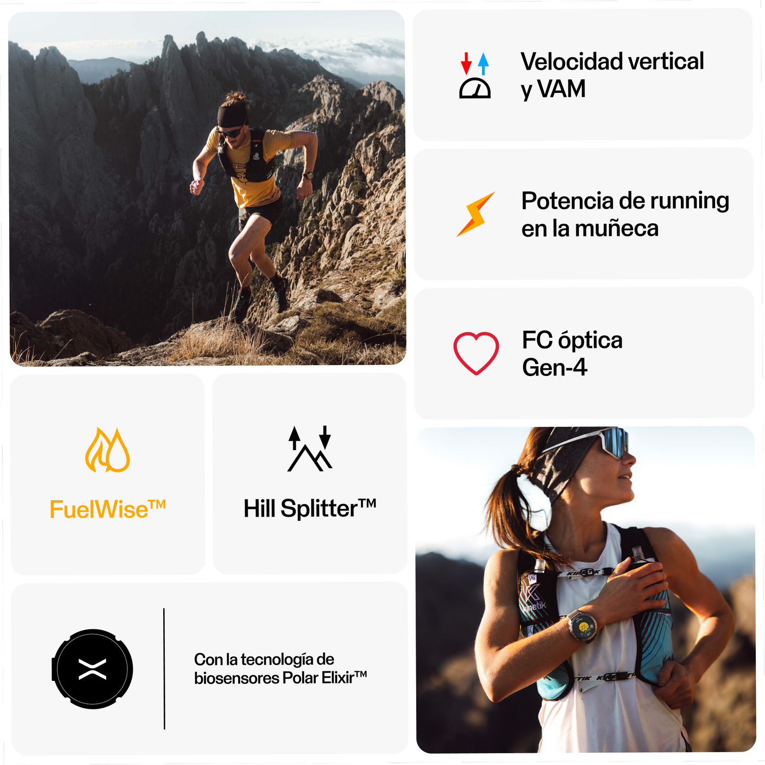 Persona corriendo en sendero de montaña con reloj. Gráficos sobre métricas de carrera y combustible.
