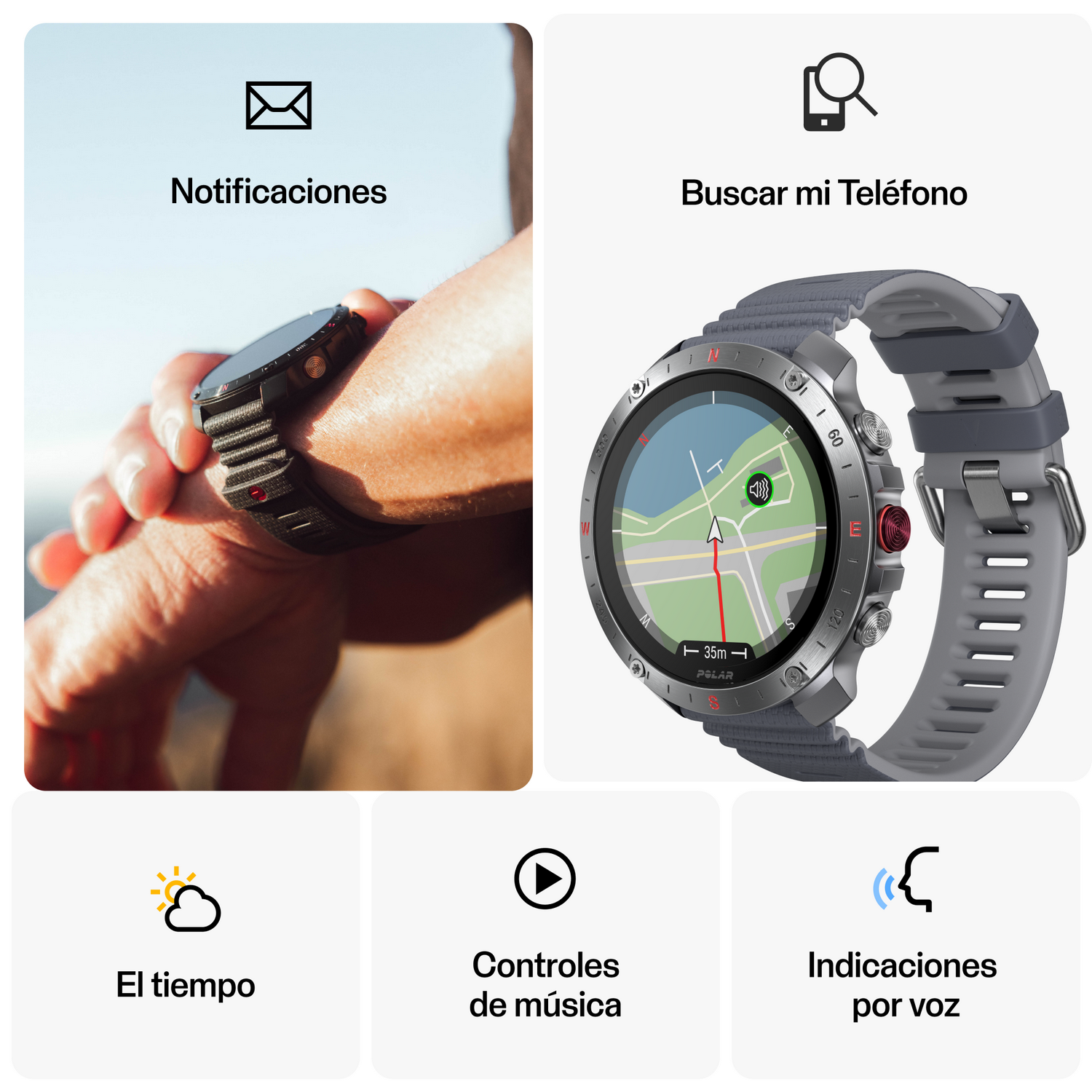 Interfaz de reloj inteligente que muestra notificaciones, búsqueda de teléfono, tiempo, música y control por voz.