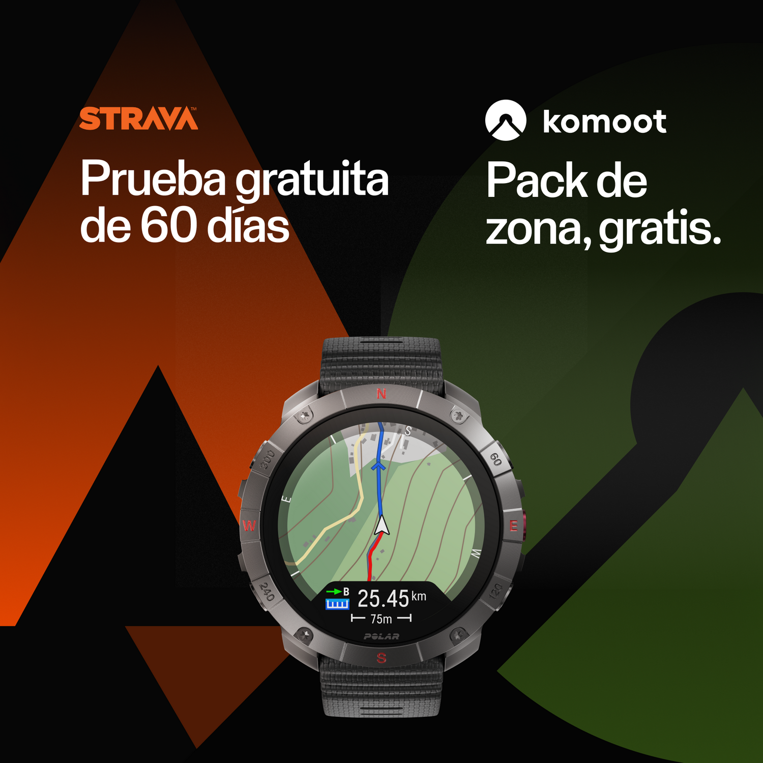 Interfaz de reloj inteligente con promociones de Strava y Komoot, mostrando un mapa y distancia.
