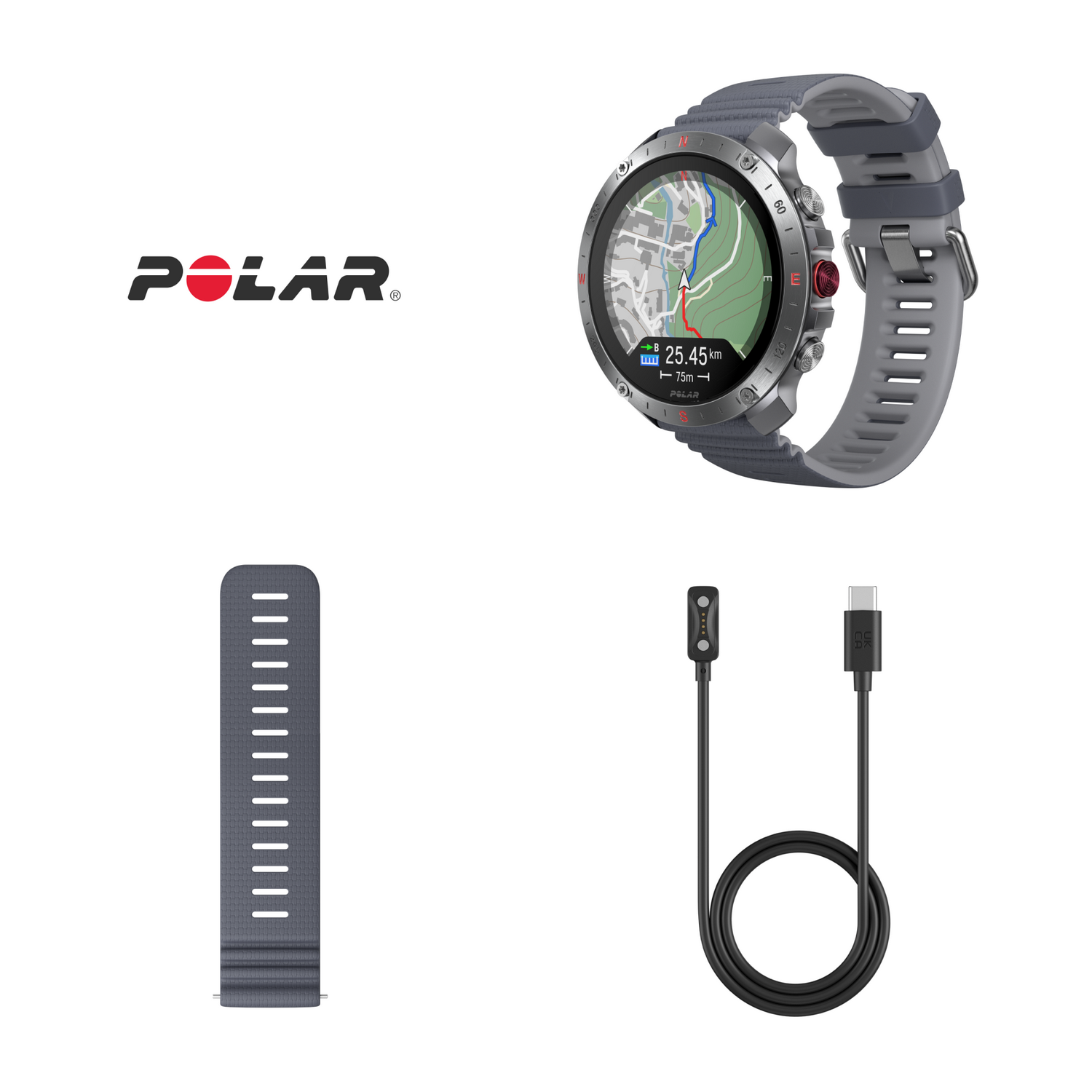 Un reloj Polar, una correa adicional y un cable de carga. Todo sobre un fondo blanco.