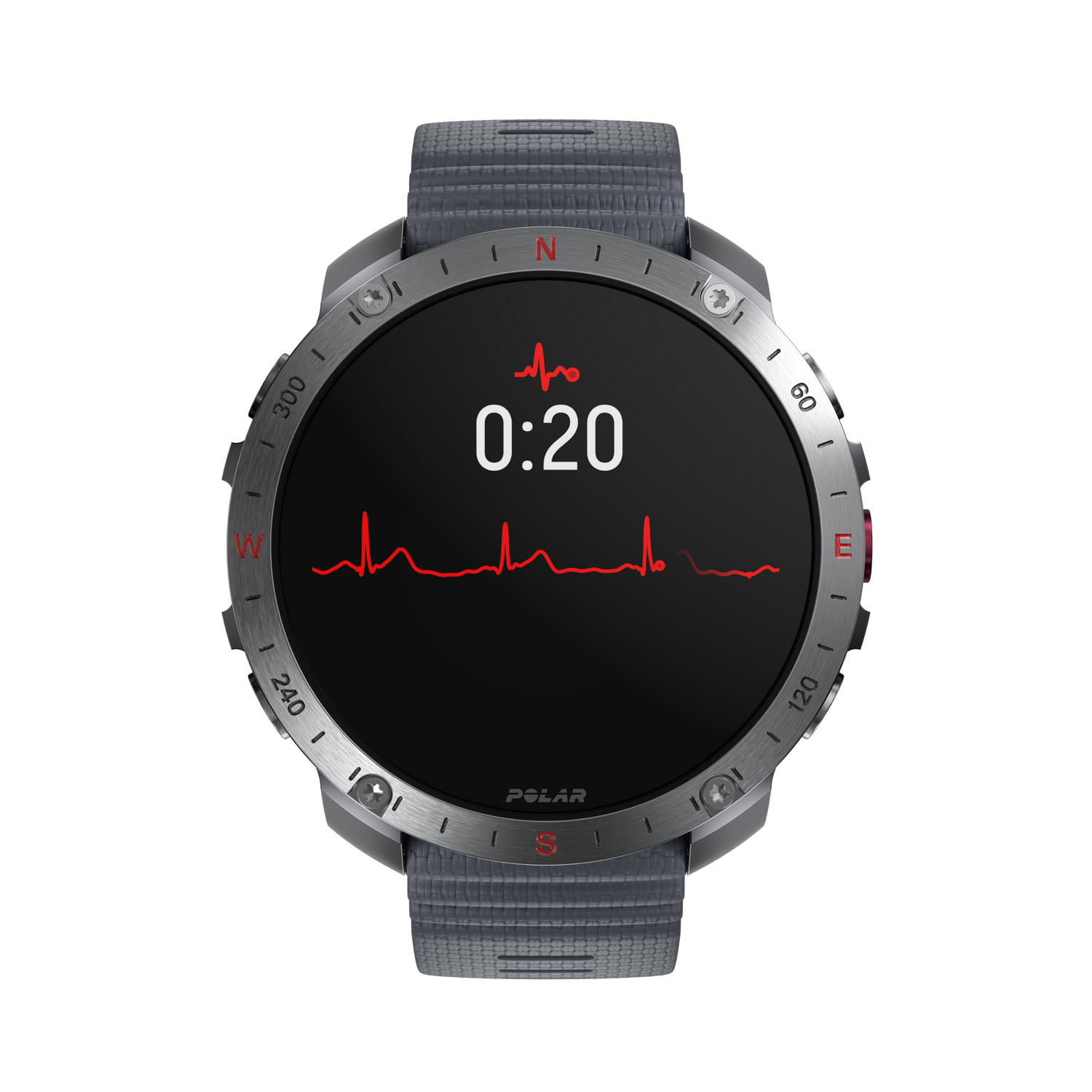 Pantalla de reloj inteligente que muestra una línea de frecuencia cardíaca roja y un temporizador.