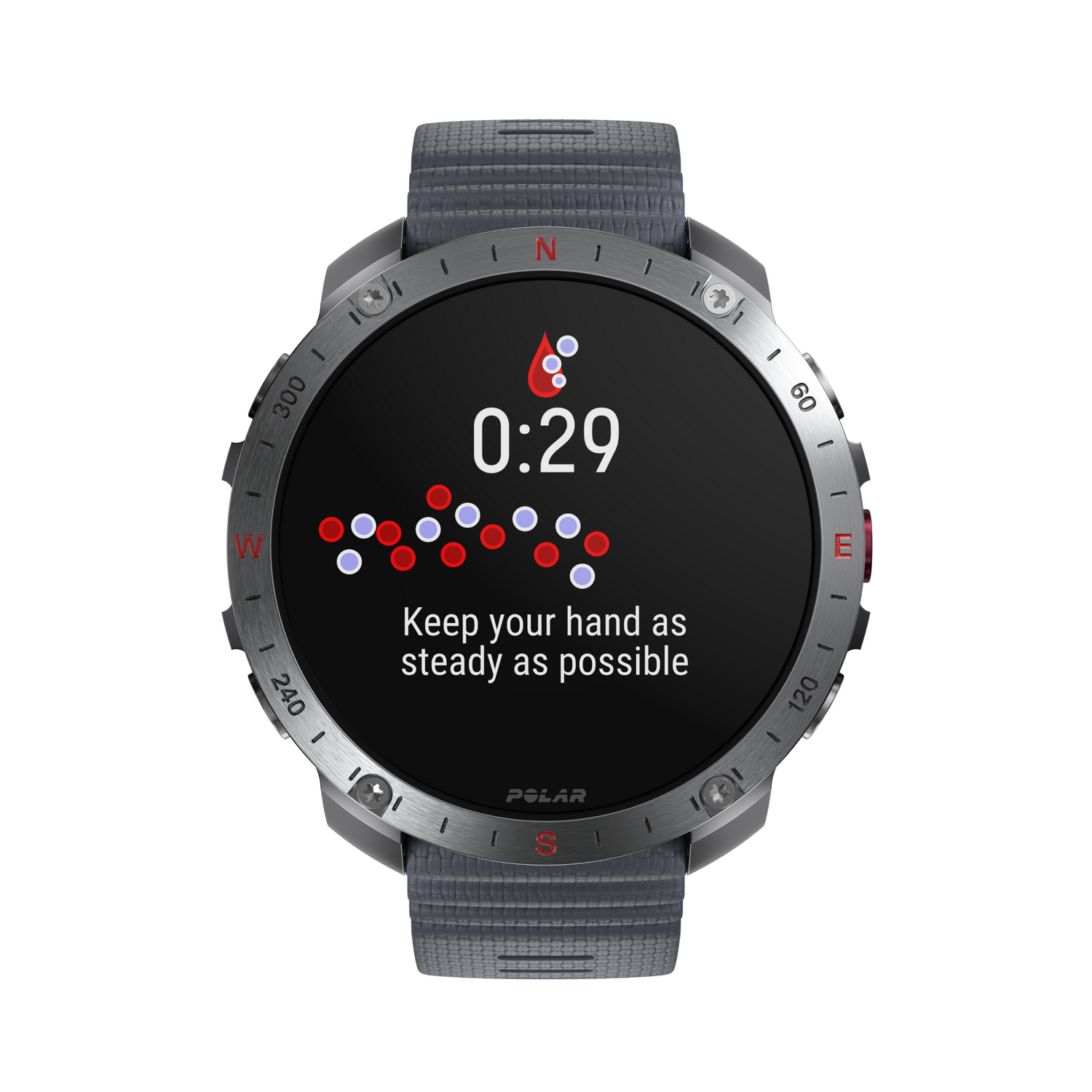 Un reloj de pulsera con una pantalla digital que muestra la hora y un símbolo de frecuencia cardíaca.