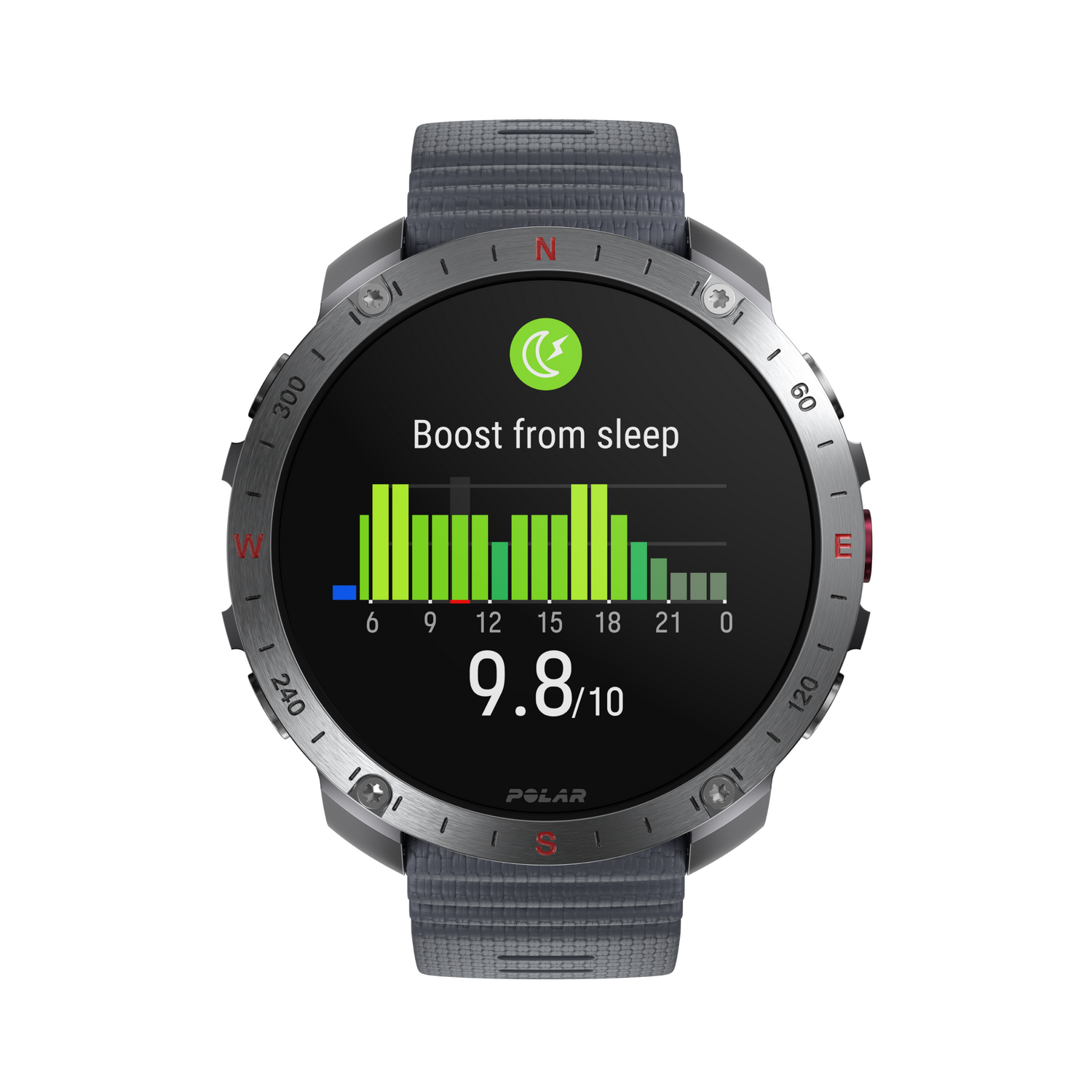 Un smartwatch muestra datos de sueño y una puntuación de 9.8/10. La correa es gris.