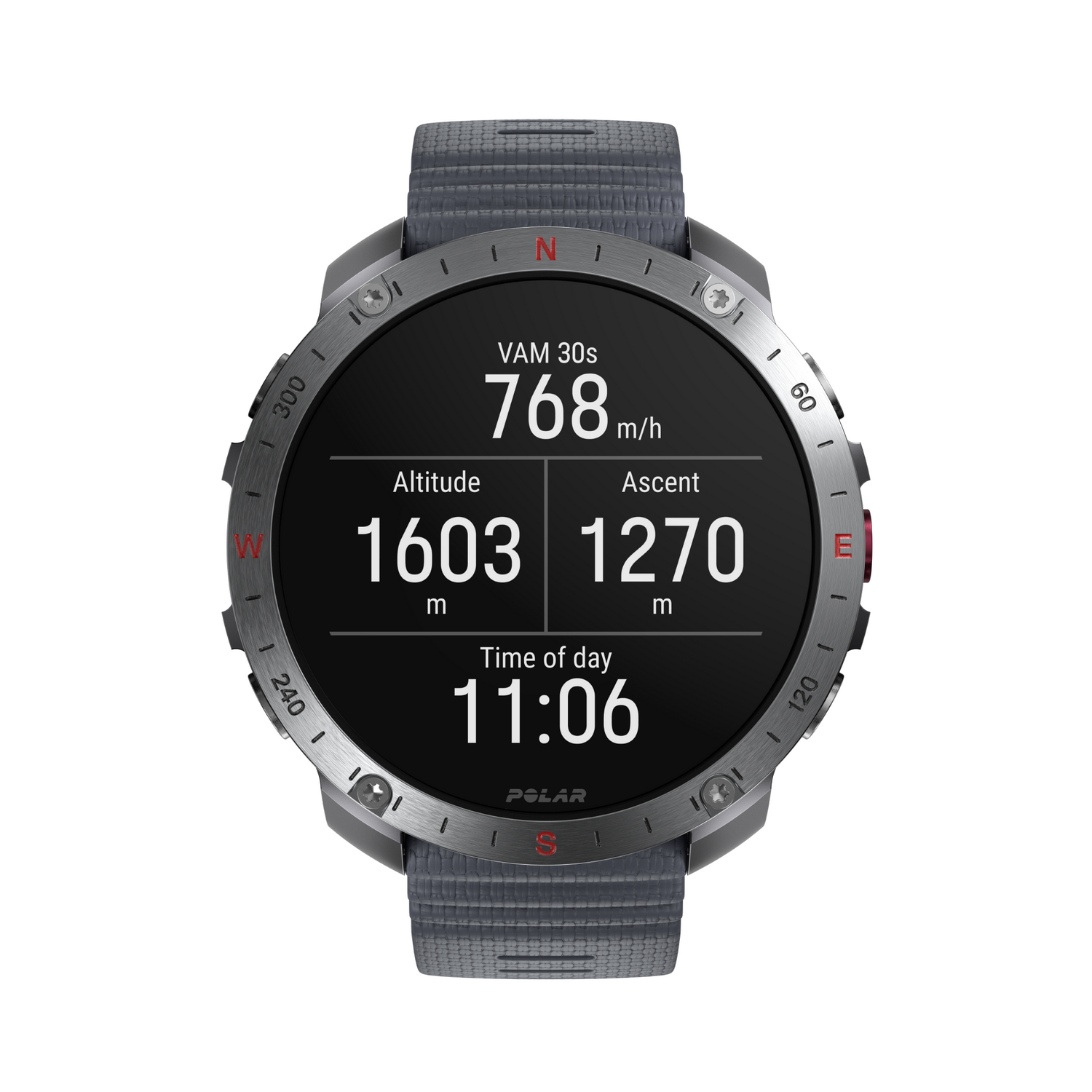 Reloj inteligente gris con elevación y hora del día en la pantalla.