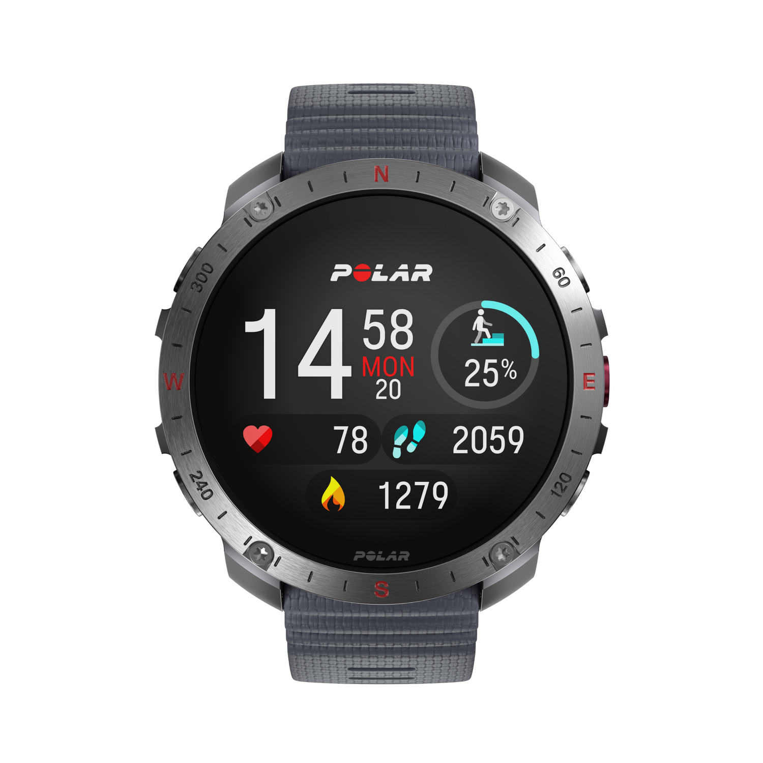 Smartwatch gris mostrando hora, ritmo cardíaco, calorías y pasos.