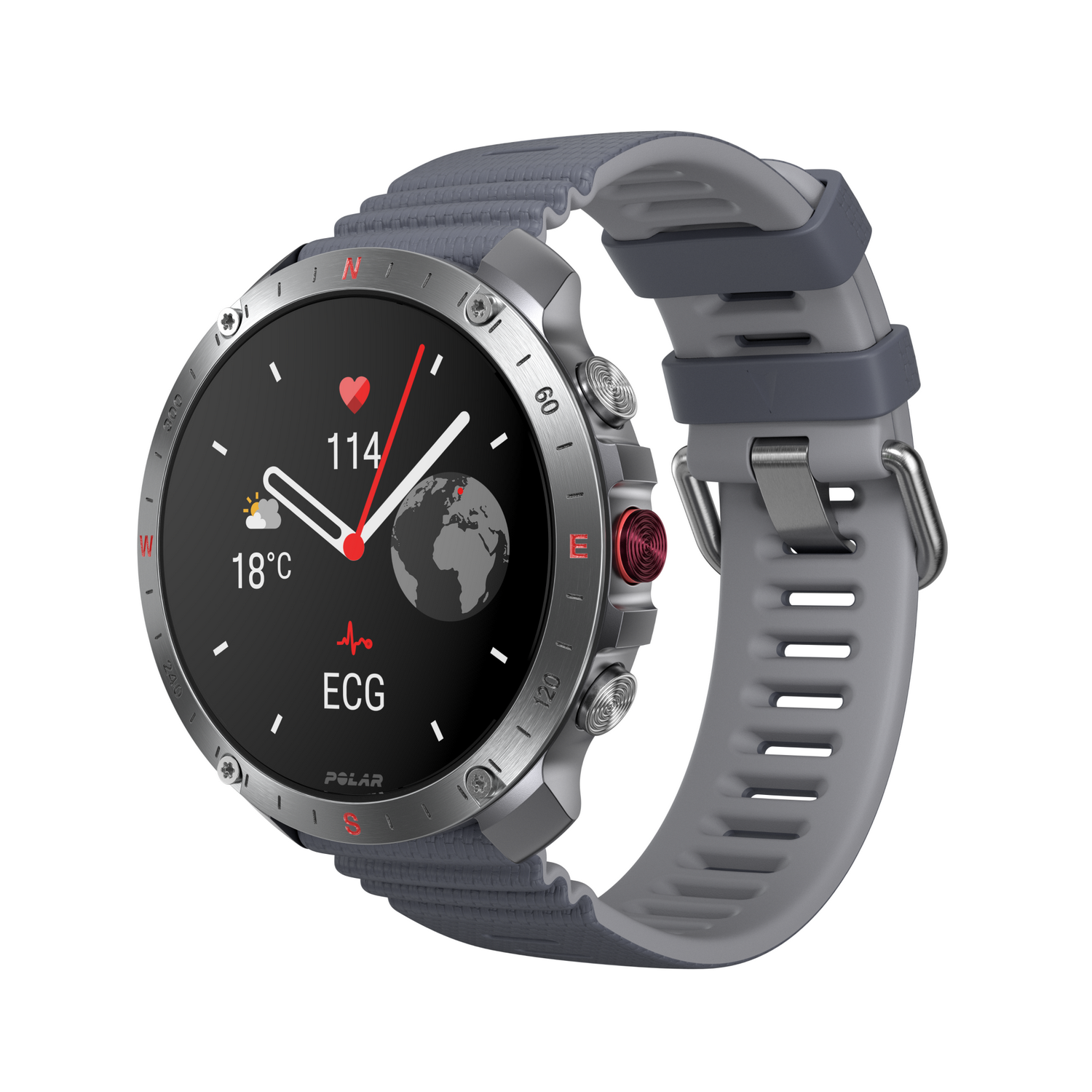 Reloj inteligente con correa gris, muestra hora, clima, frecuencia cardíaca y ECG. Botón rojo lateral.