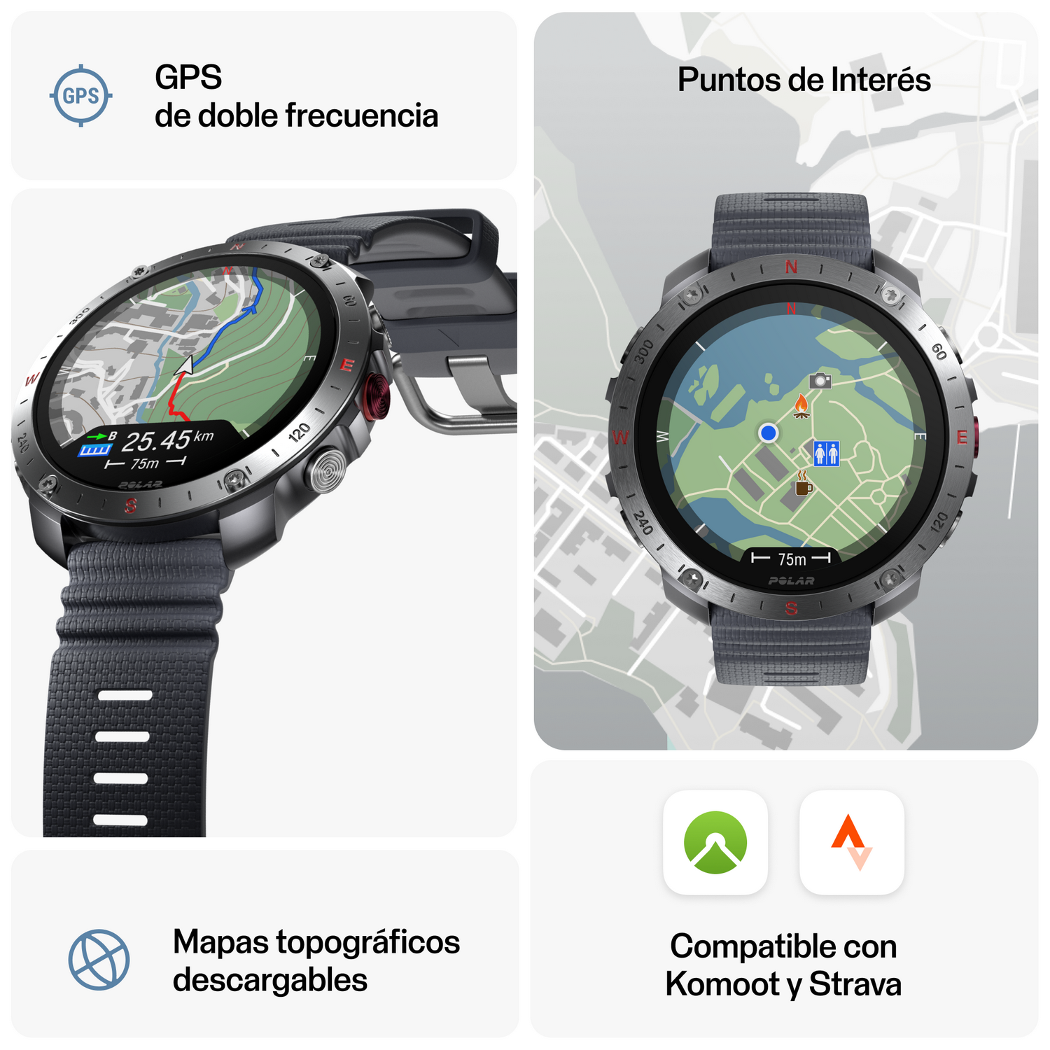 Dos imágenes de un reloj inteligente mostrando mapas y funciones.
