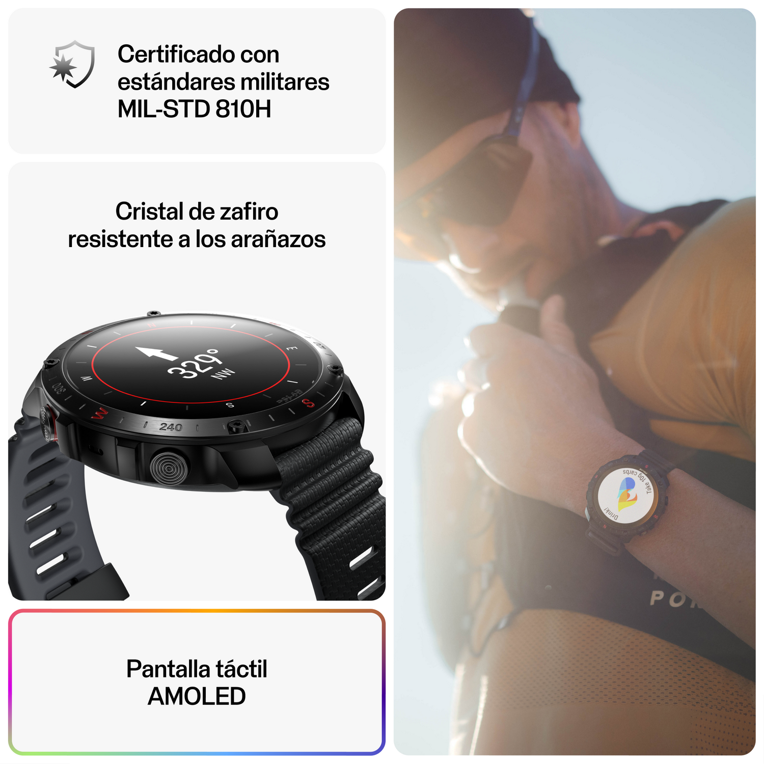 Un smartwatch con una correa negra. Texto y gráficos resaltan características como pantalla táctil y brújula.