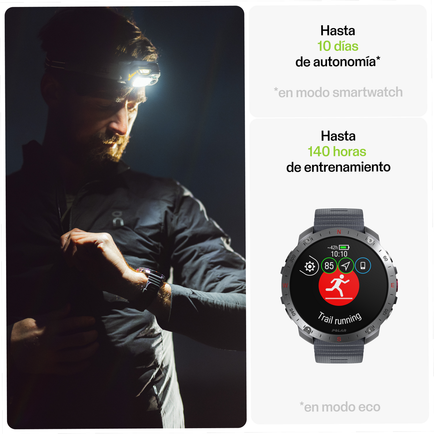 Hombre con lámpara frontal mirando smartwatch; smartwatch muestra datos de trail running.