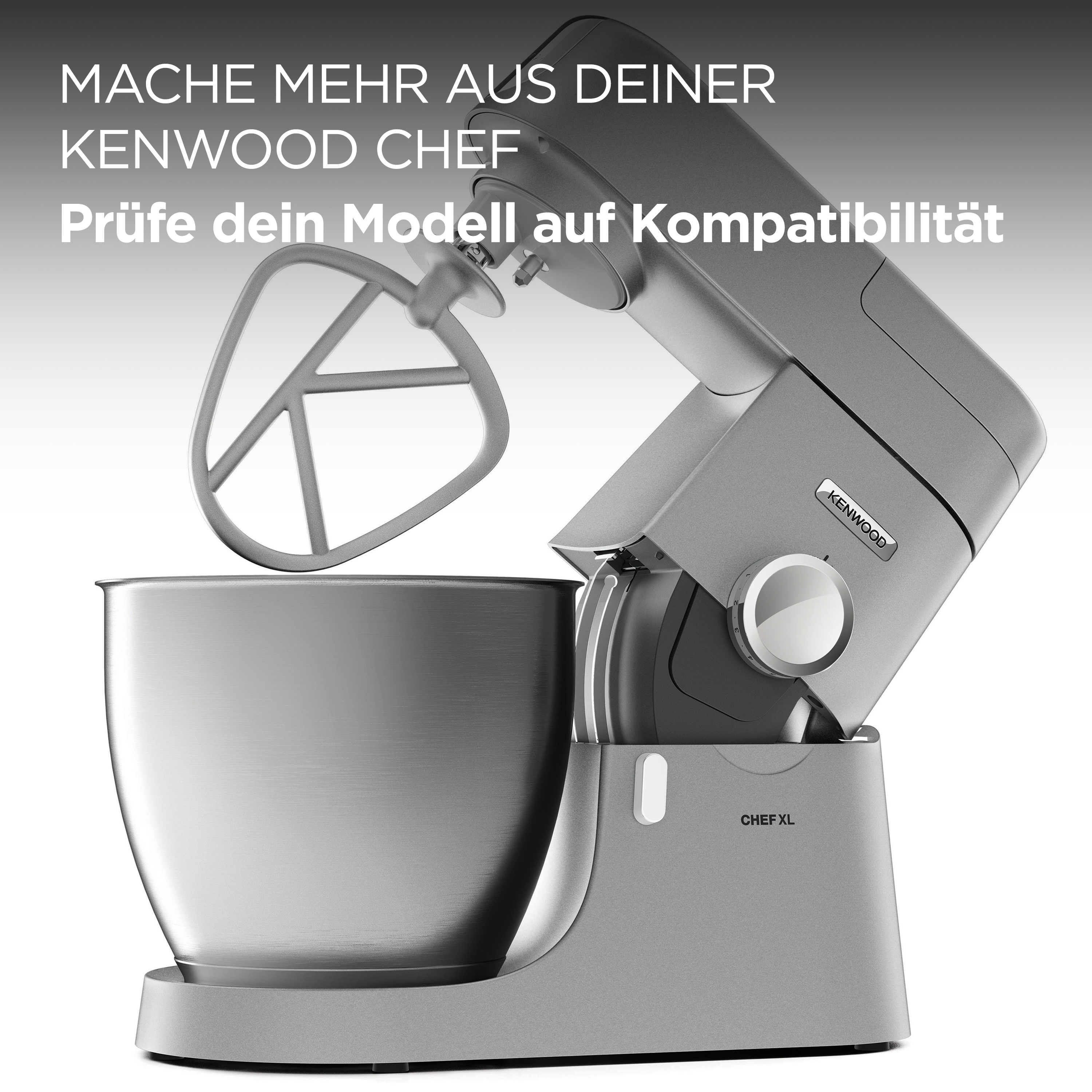 Silberner Kenwood Chef XL Küchenmixer mit Text, zeigt die Rührschüssel.