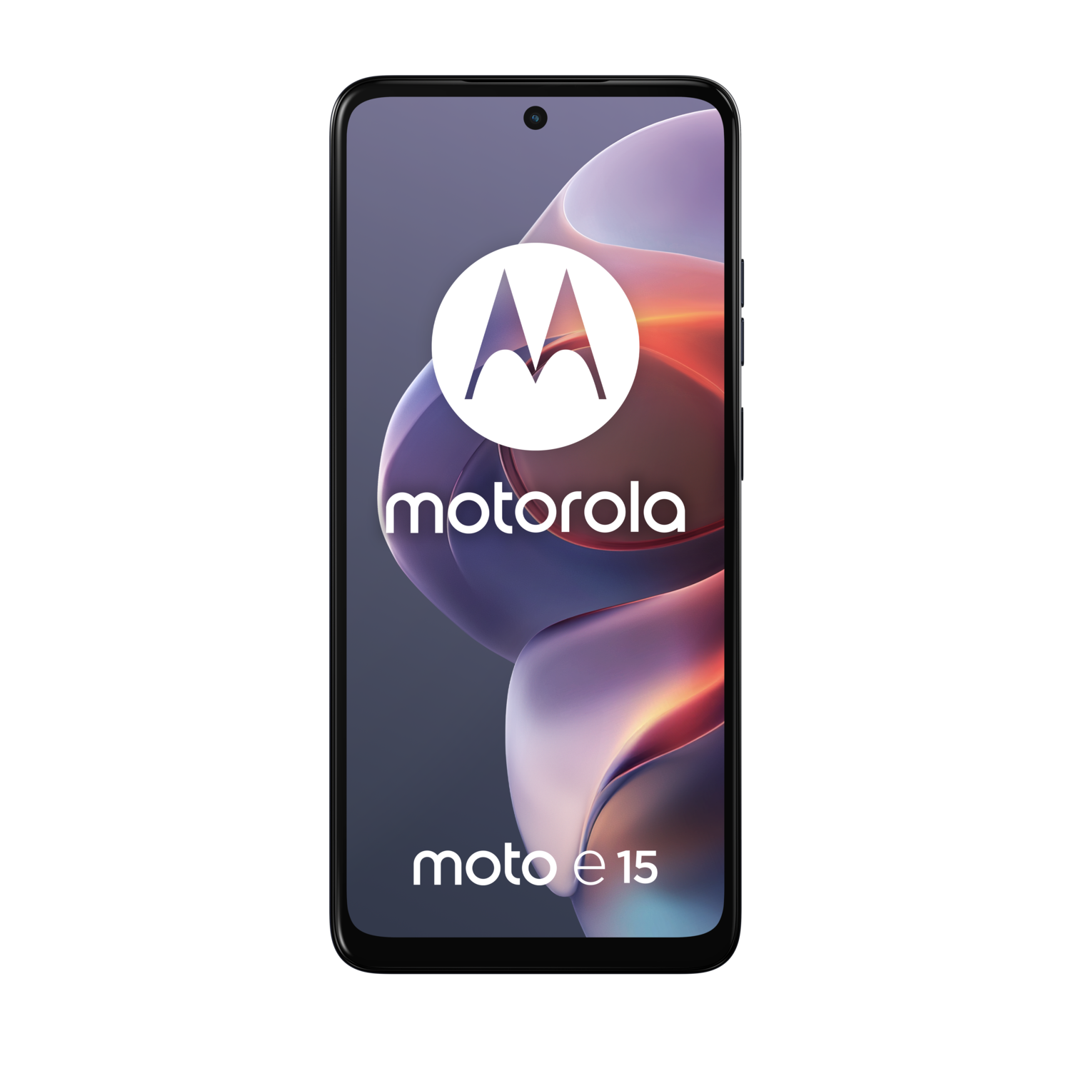 Motorola Moto e15 phone on black background. The screen shows a purple and orange abstract design.