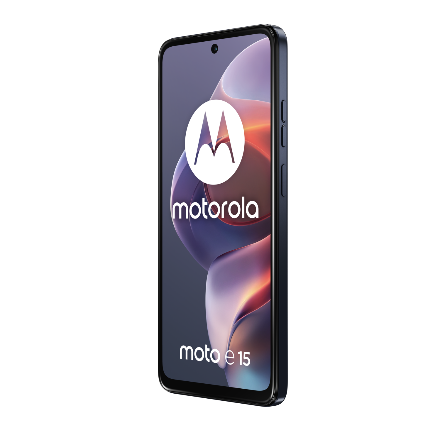 Side view of a black and blue Motorola phone. White background.