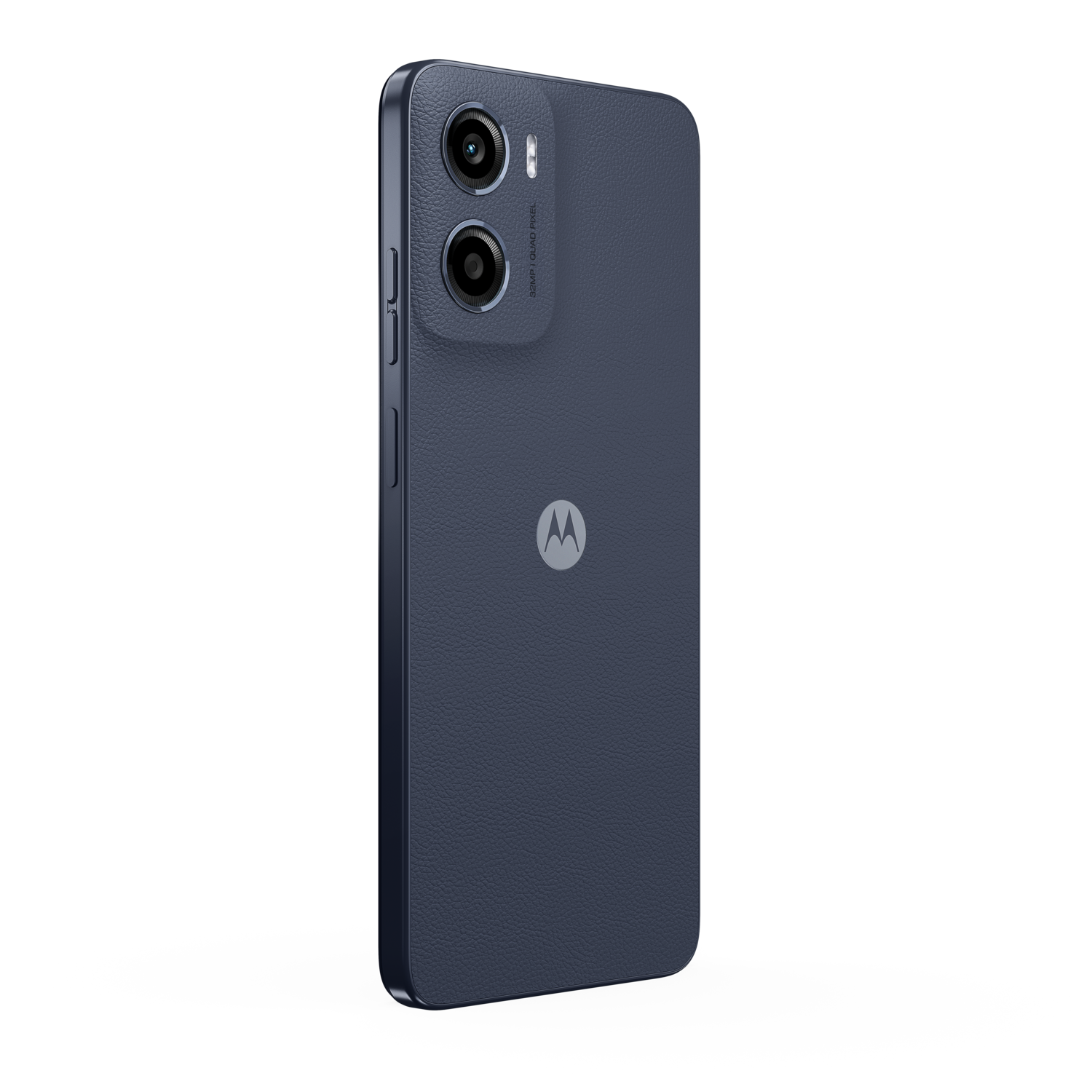 Back view of a blue Motorola phone with dual cameras and a Motorola logo on a black background.