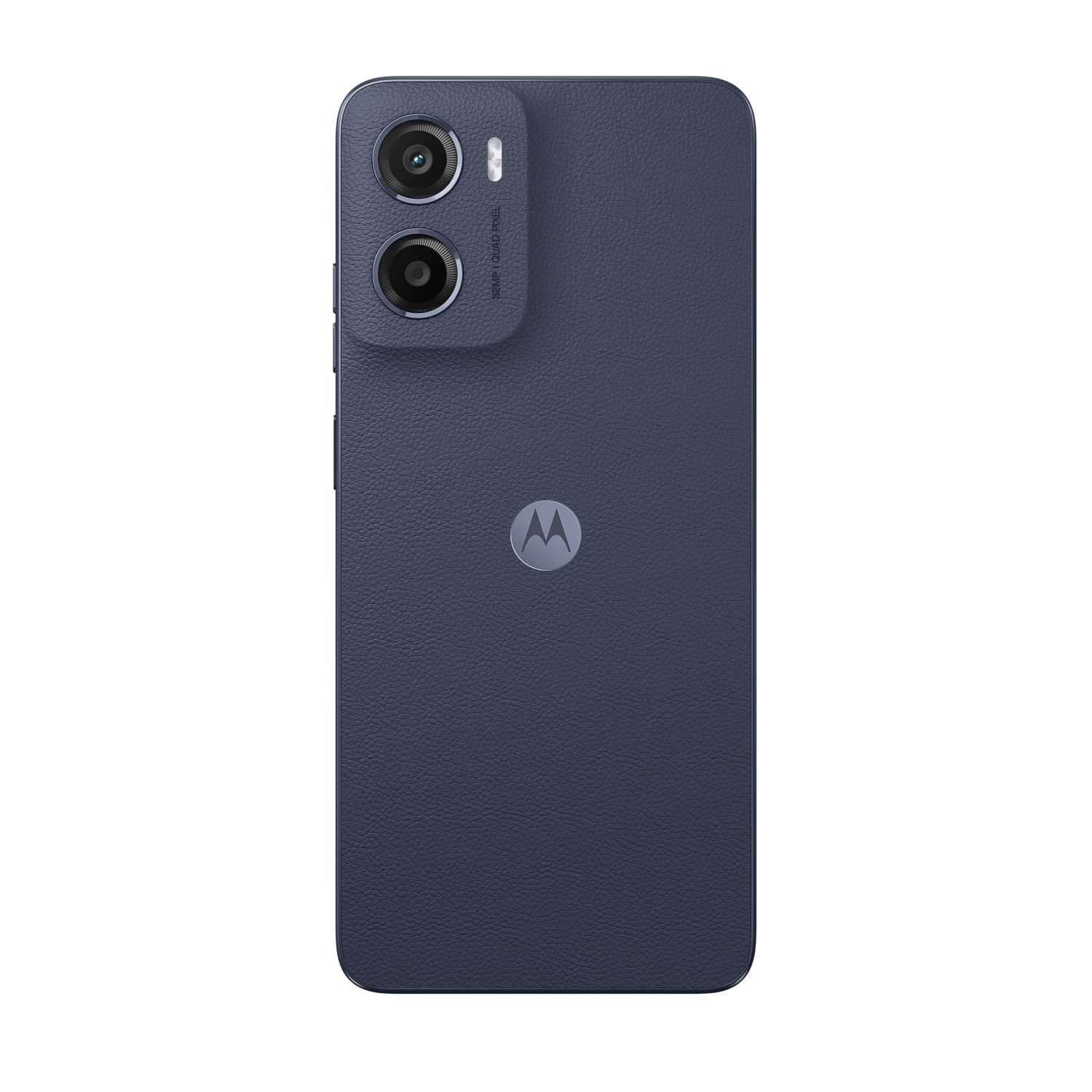 Back of a blue Motorola phone with dual cameras and a Motorola logo on a black background.