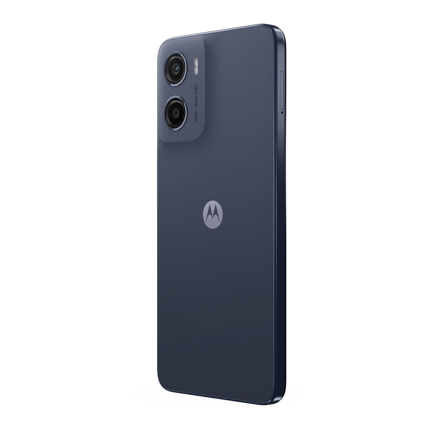 Blue Motorola phone from the side with dual cameras and a Motorola logo on a black background.