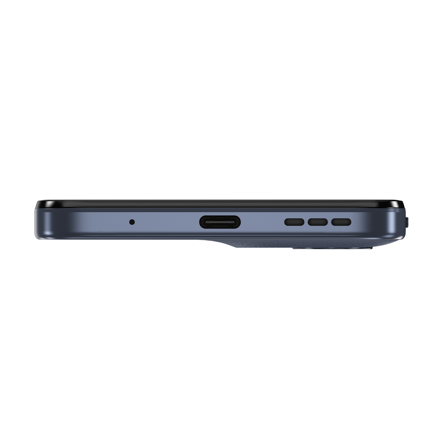 Bottom of a blue Motorola phone with a charging port, speakers, and a microphone on a black background.