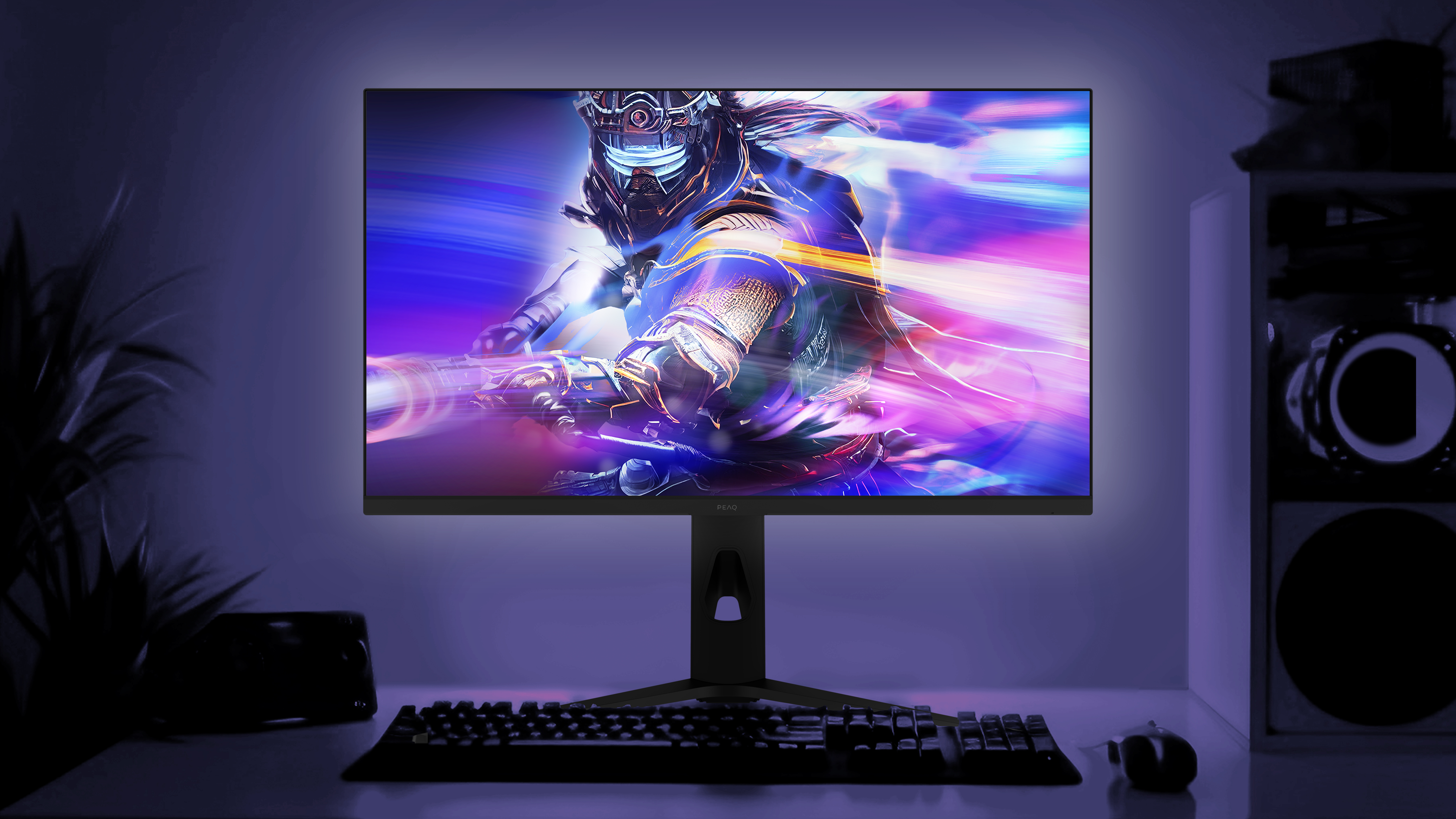 Gaming-Monitor, der eine farbenfrohe Fantasy-Szene anzeigt, darunter eine Tastatur und Maus.