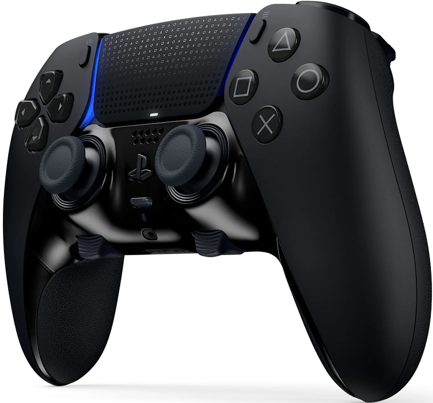 Controller di gioco nero con pulsanti e joystick. Sfondo bianco.