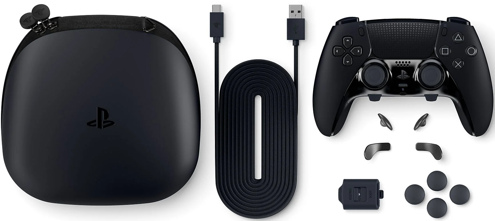 Un controller nero e accessori. Una custodia, un cavo e pulsanti extra sono nell'immagine.