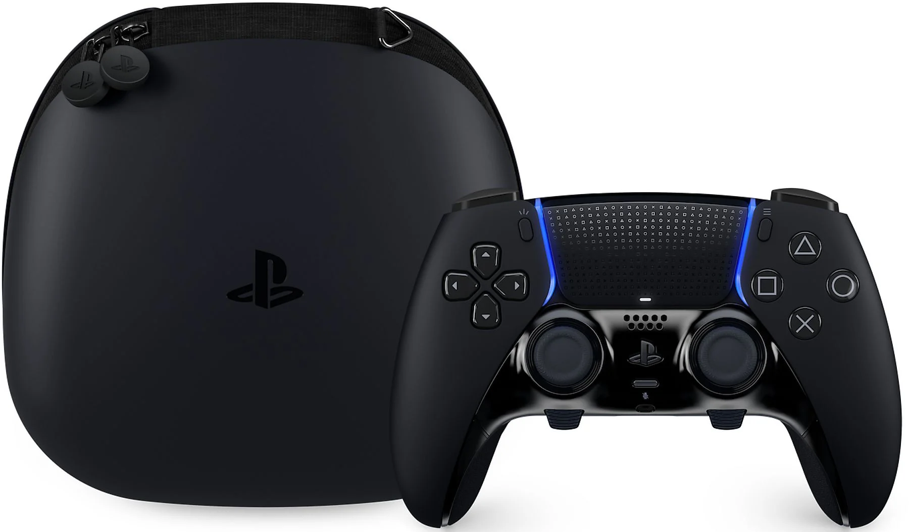 Controller di gioco nero e custodia.