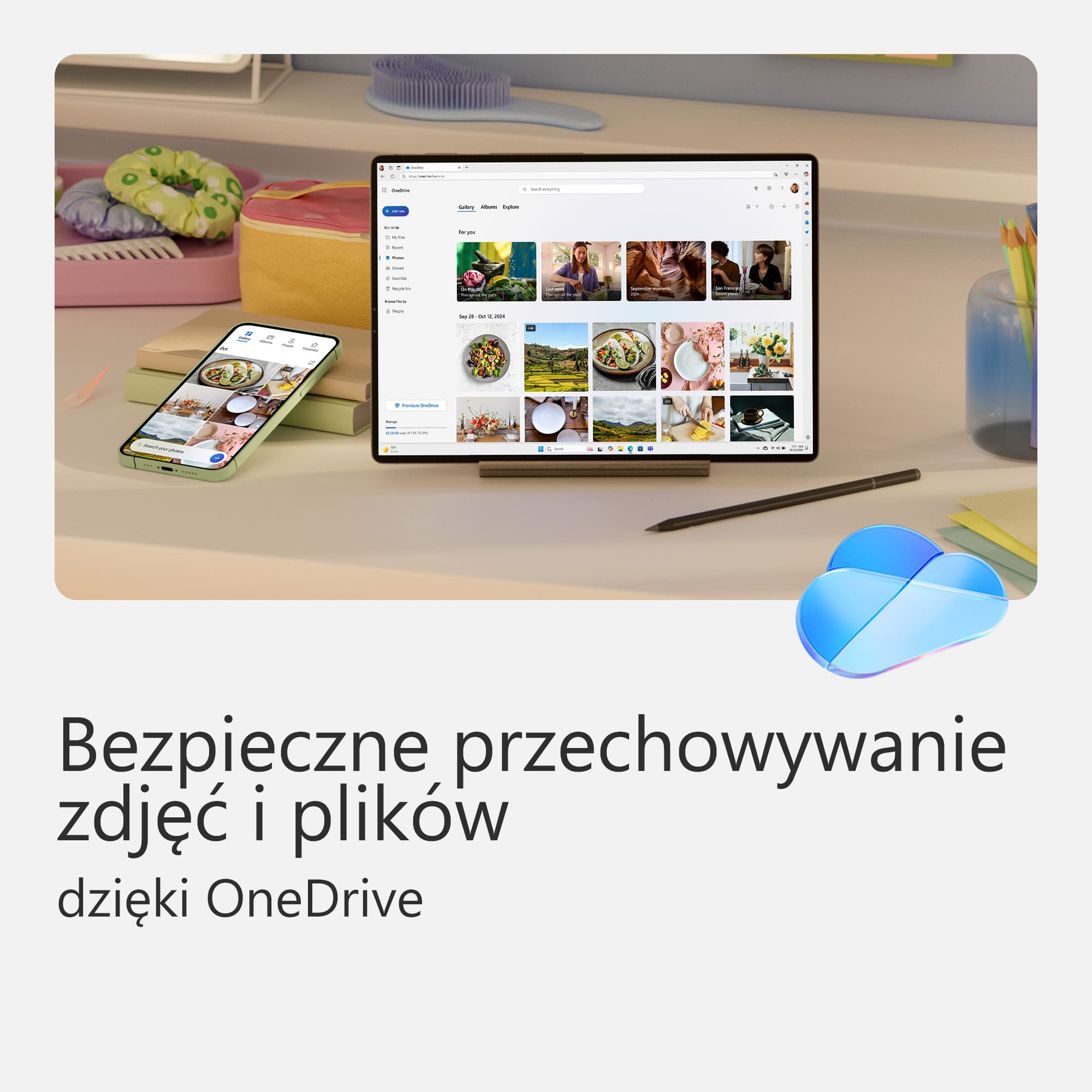 Tablet i telefon z ikoną chmury i tekstem o bezpiecznym przechowywaniu.