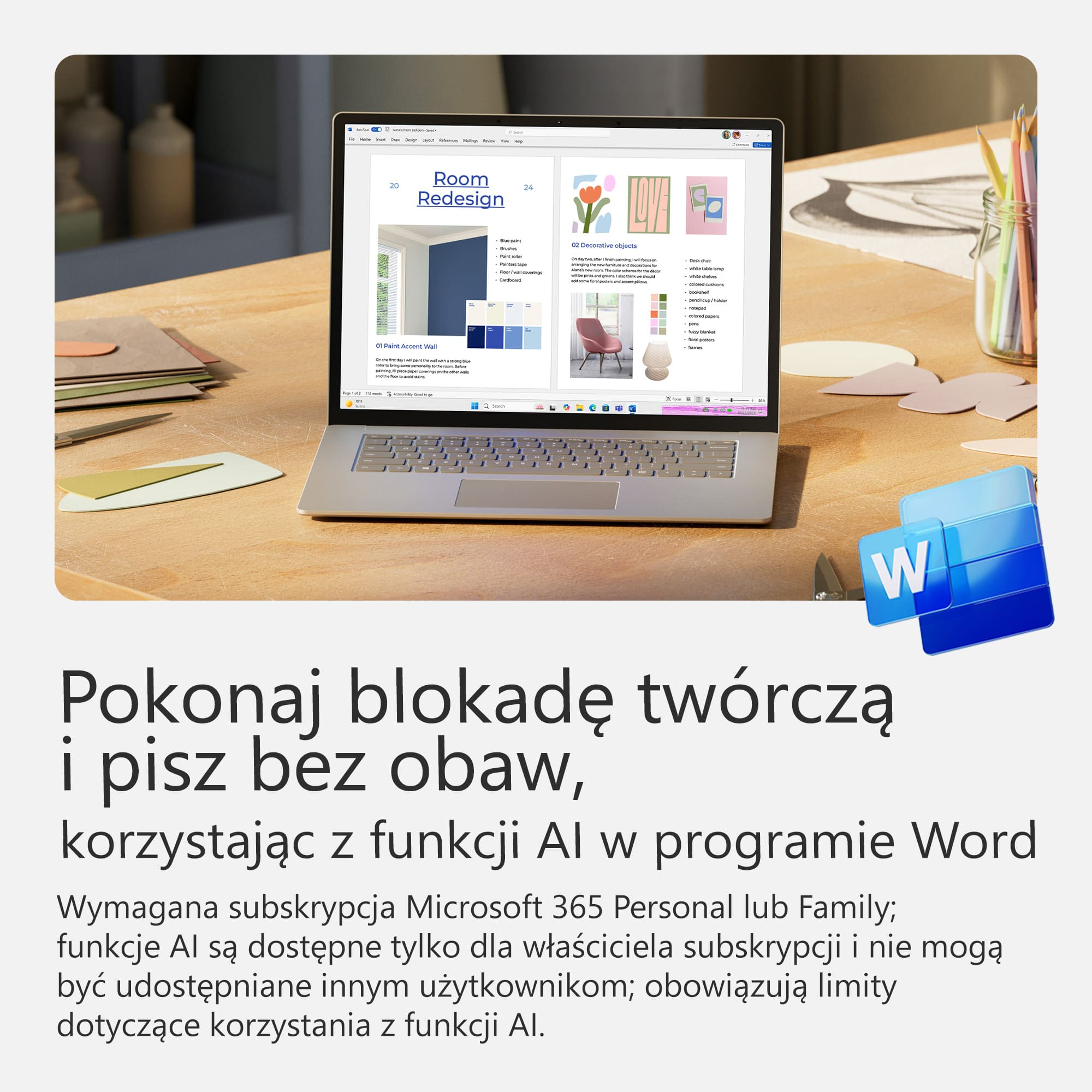 Laptop na drewnianym stole, strona o renowacji pokoju. Ikona Word po prawej.