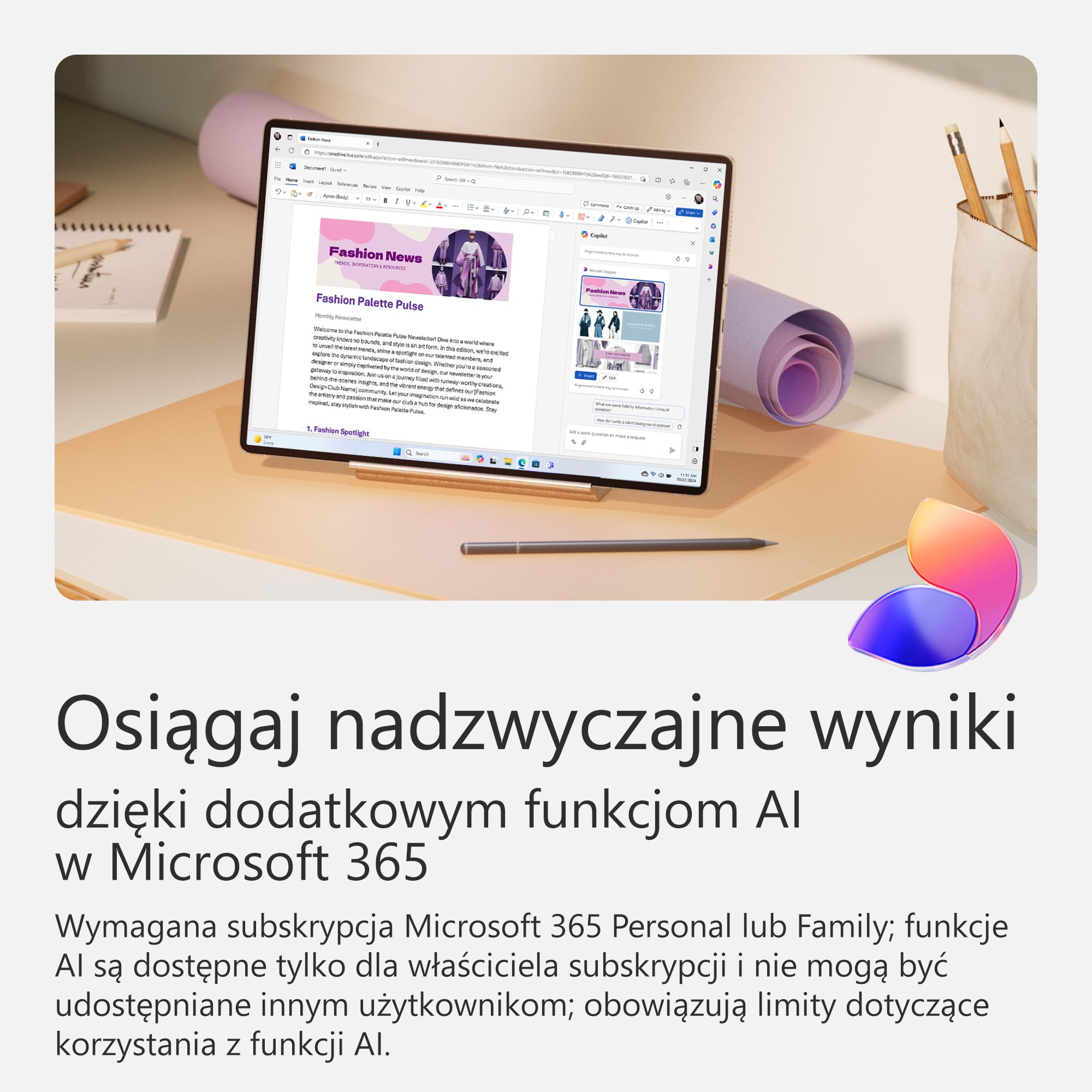 Tablet wyświetlający dokument z tekstem: Fashion News i logo Microsoft 365.
