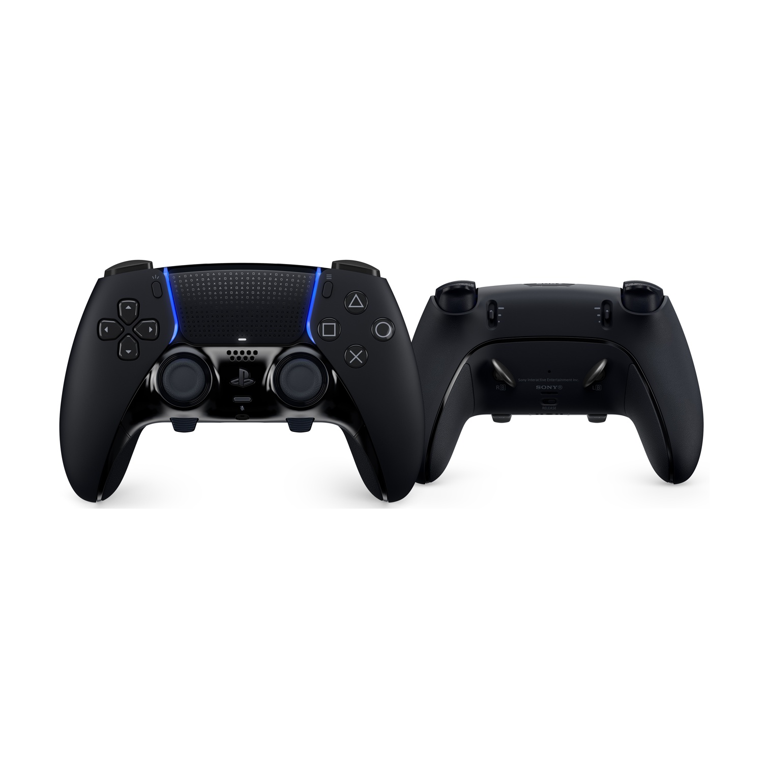 Due controller di gioco neri, con logo Sony, una vista frontale e una posteriore.