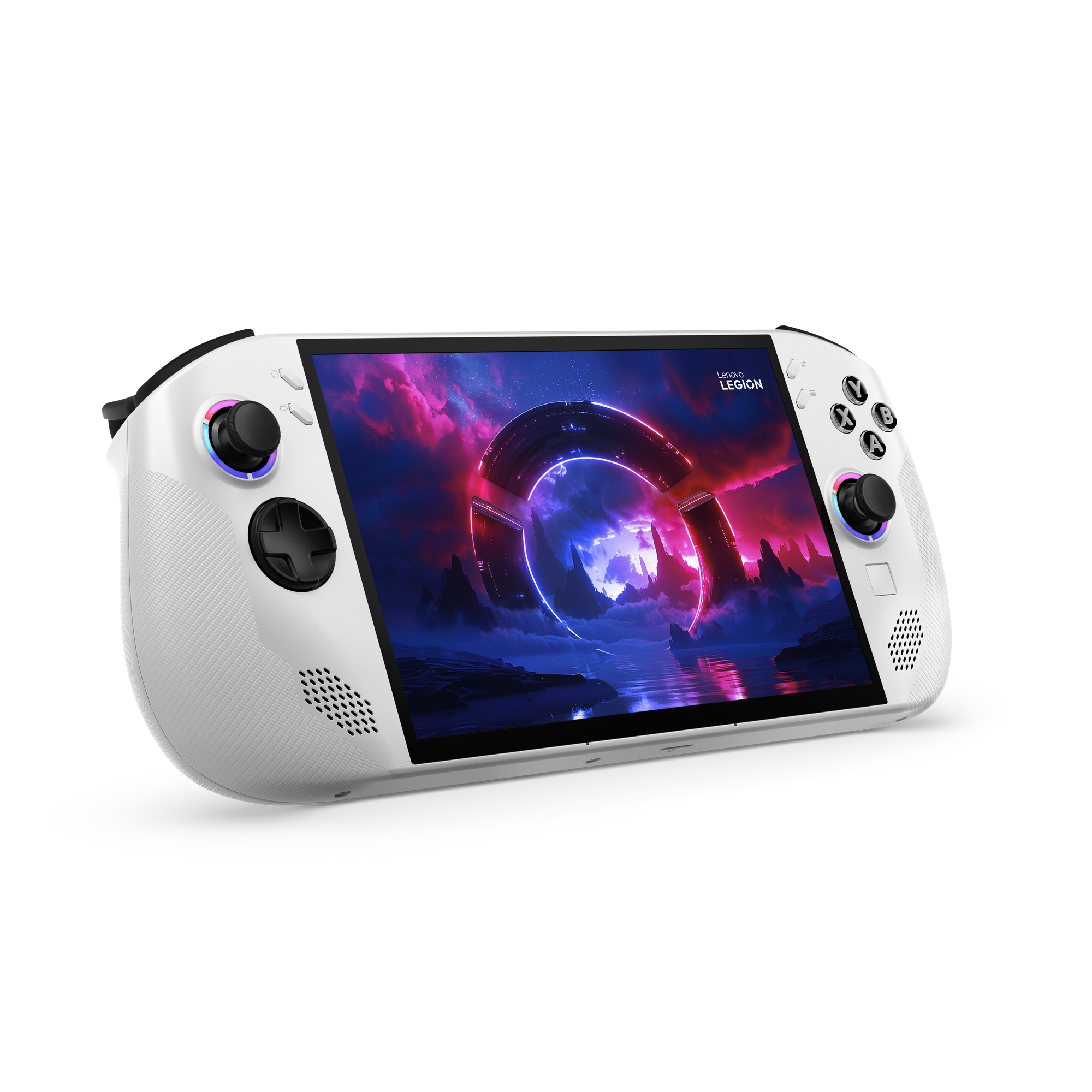 Weiße Handheld-Konsole mit farbenfrohem Bildschirm, der ein Spiel zeigt. Schwarze Bedienelemente.