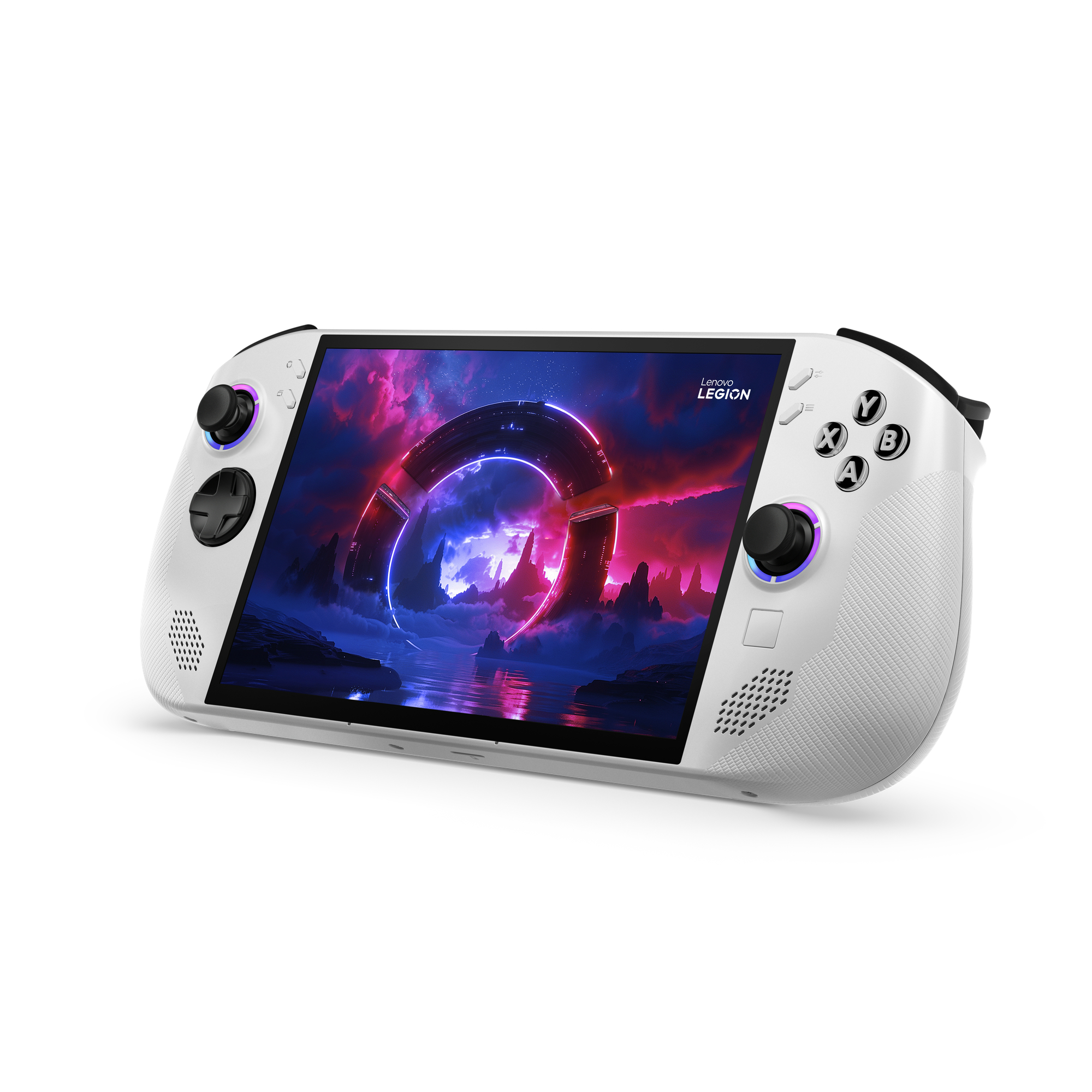 Eine weiß-graue Lenovo Legion Handheld-Spielekonsole, leicht geneigt.