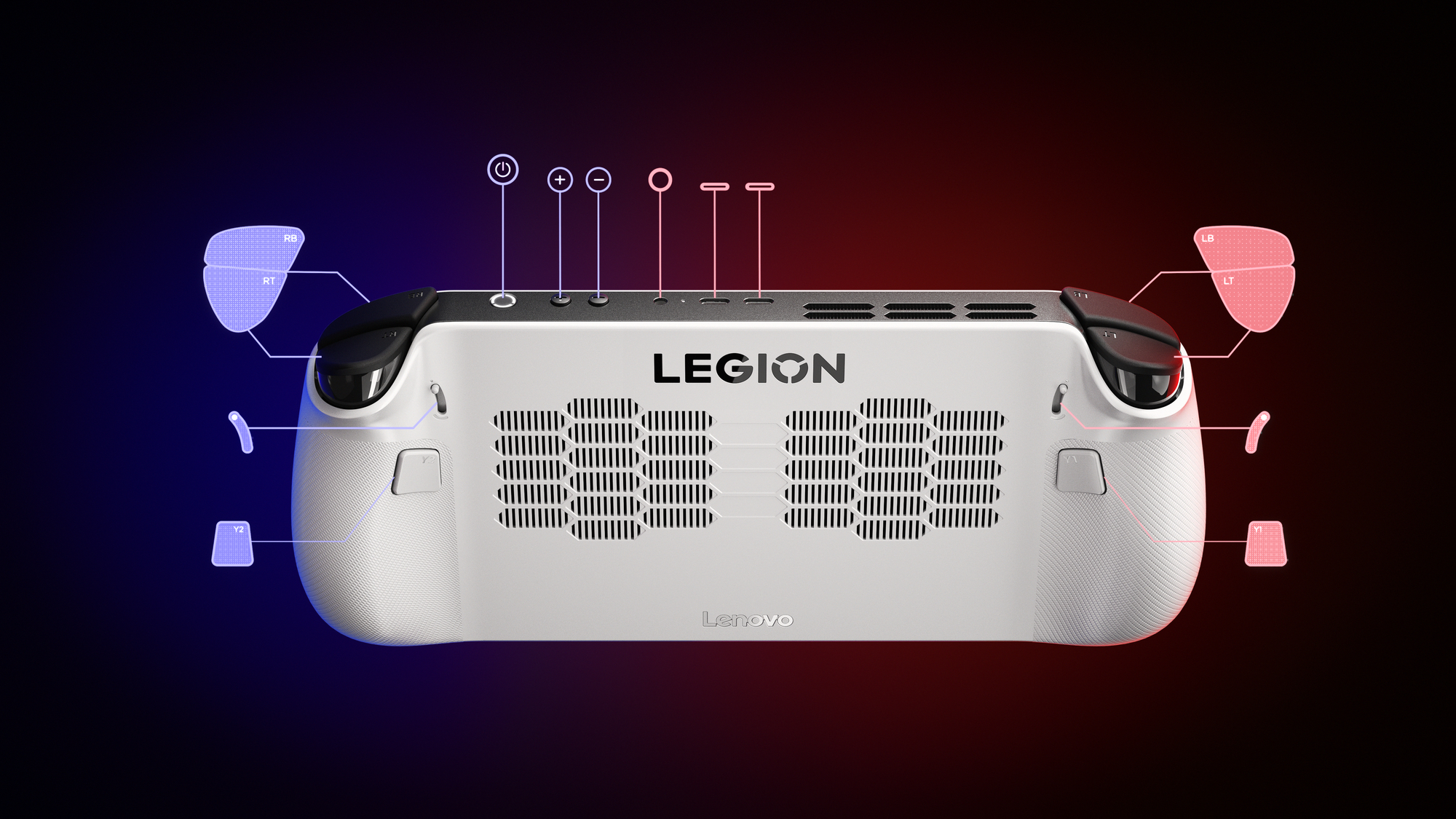 Lenovo Legion-Gaming-Gerät, weiß mit roten und blauen Akzenten. Draufsicht.