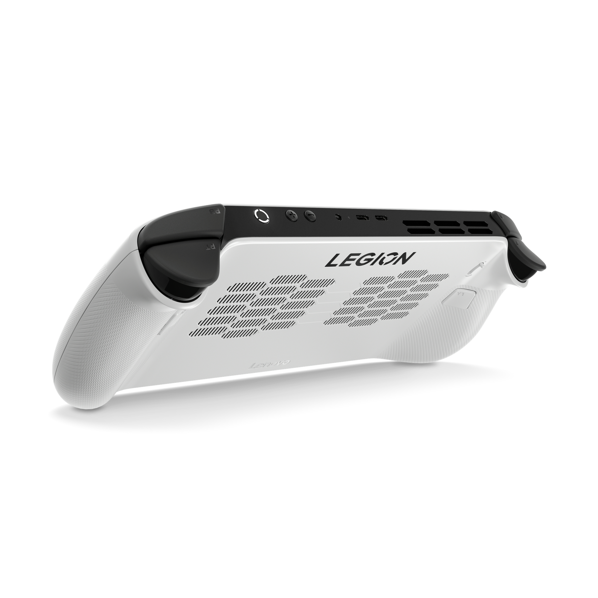 Ein weißes Handheld-Gaming-Gerät mit dem Legion-Logo und Lüftungsschlitzen.