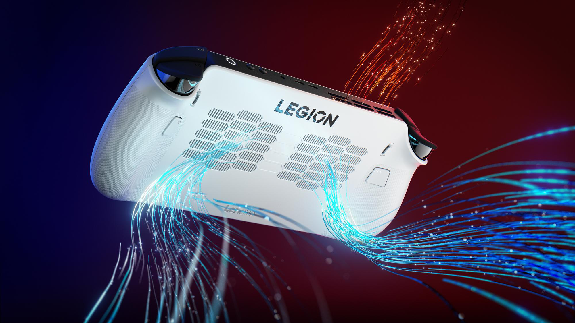 Ein weißes Handheld-Gaming-Gerät mit dem Legion-Logo und fließenden blauen Linien.