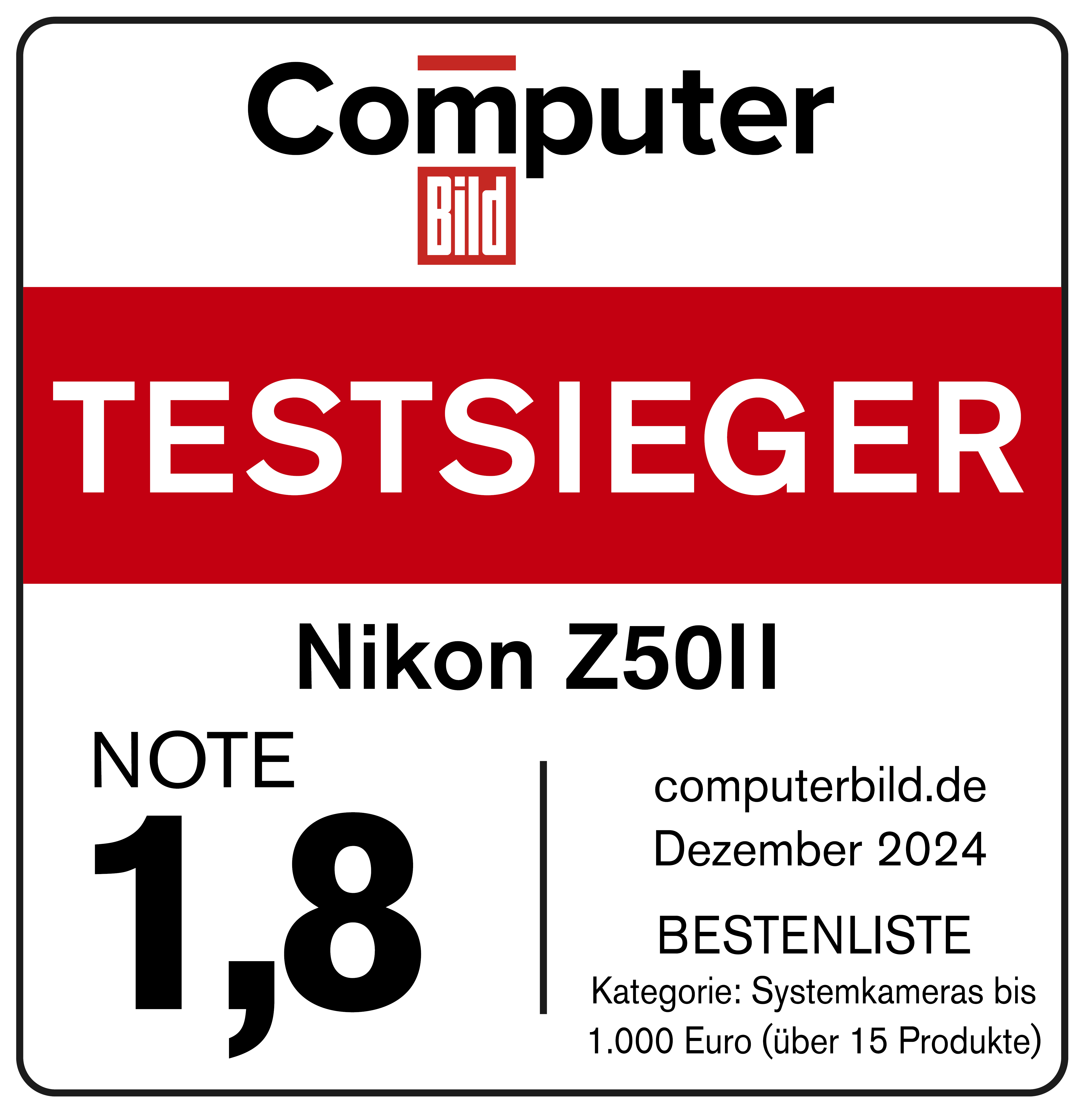 Ein Computer Bild-Magazin-Cover mit einem Nikon Z50II Kamera-Testsieger-Abzeichen.