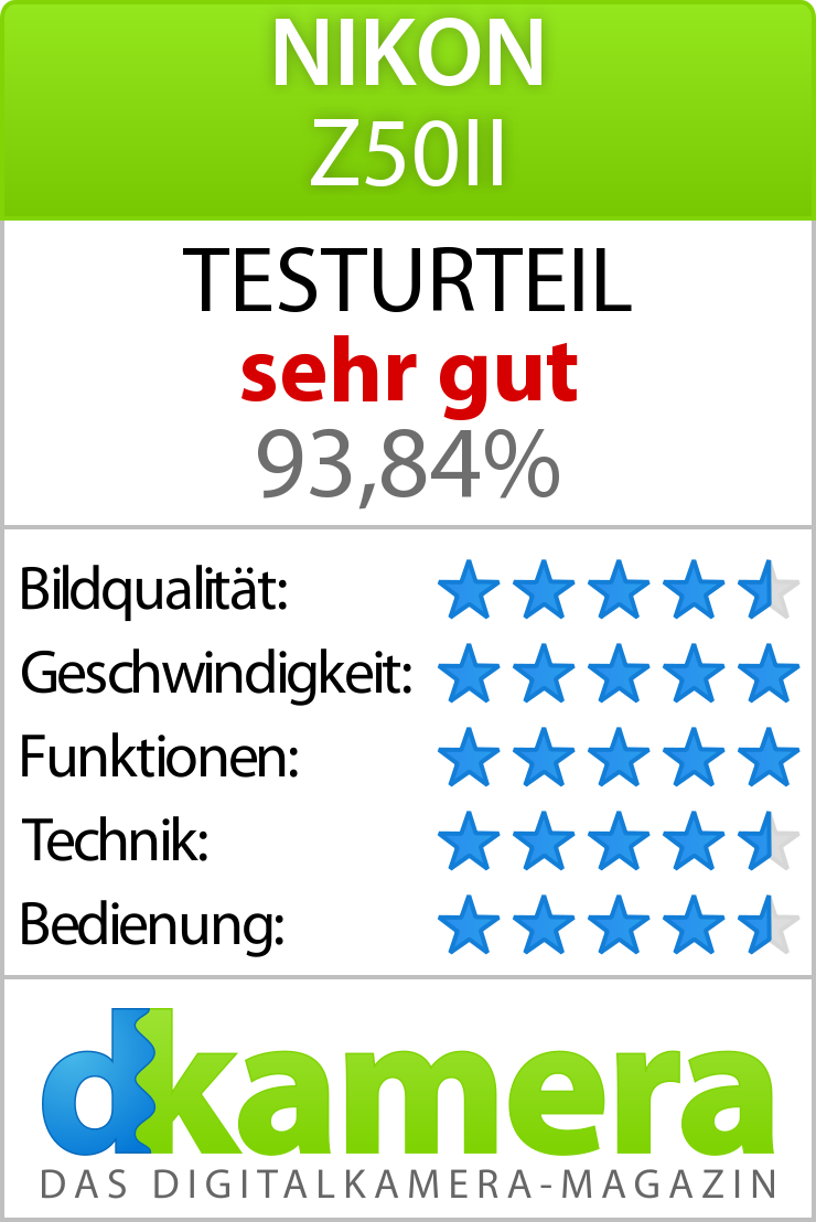 Nikon Z50II Kamera Test, sehr gut, 93,84%, Sterne.
