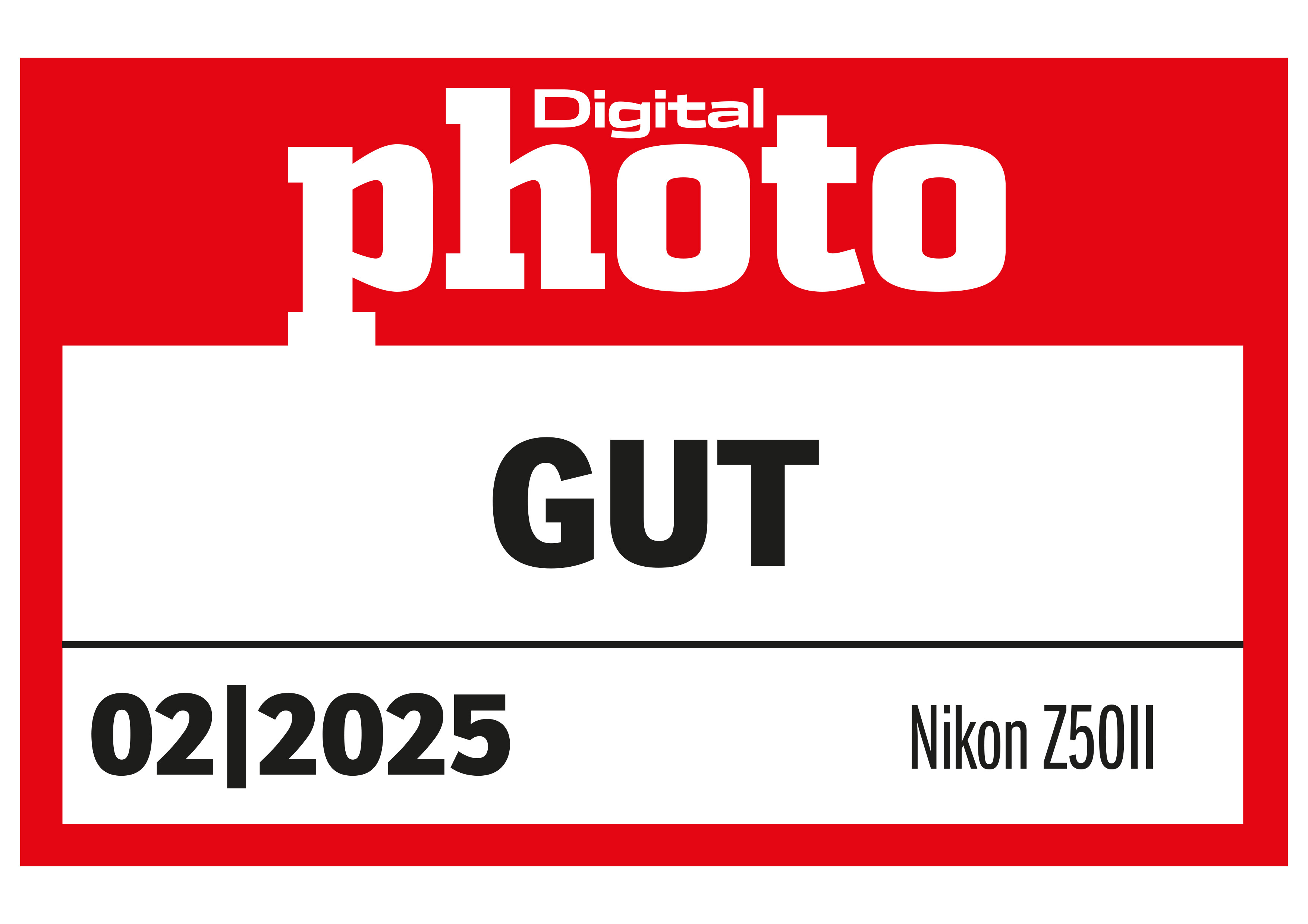 Ein rotes Rechteck mit dem Text GUT, 02|2025 und Nikon Z50II.