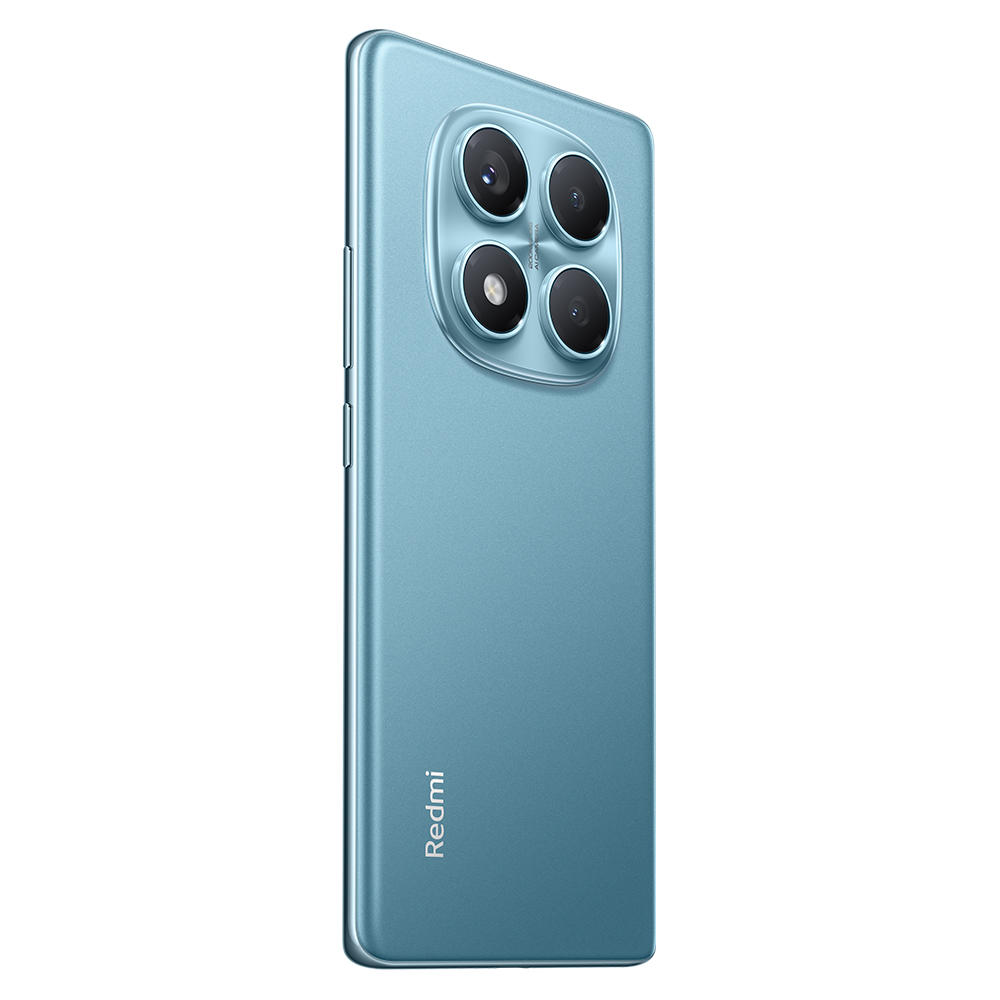 Arka tarafında dört kameralı bir kurulum bulunan, siyan renkli bir telefon. Altta Redmi logosu.