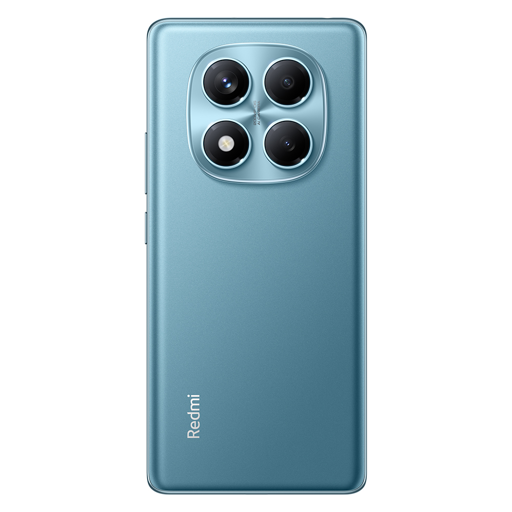 Siyan renkli bir Redmi telefon, arka görünüm, dört kamera ve marka adı ile.