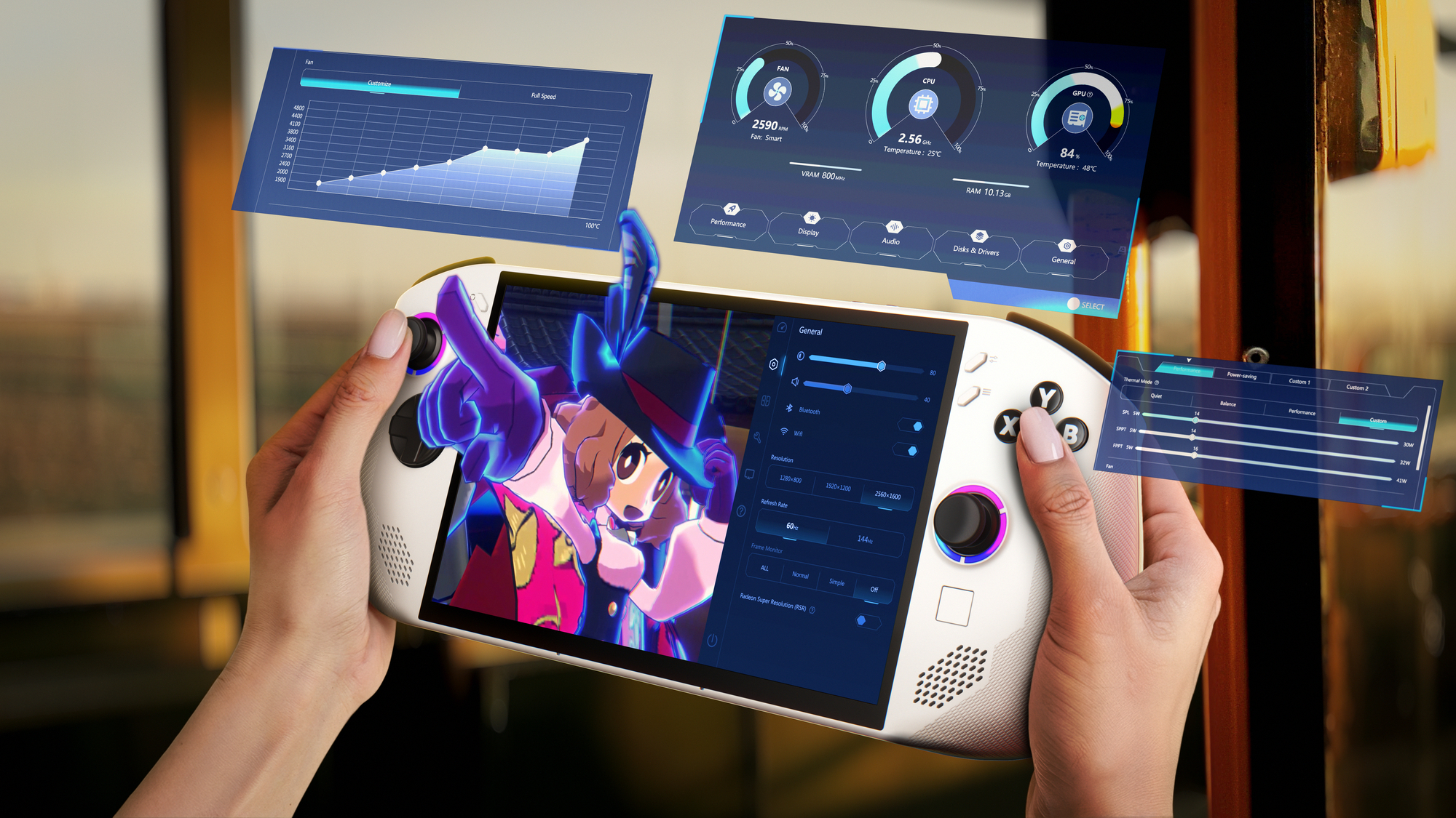 Eine Person hält ein weißes Handheld-Gaming-Gerät. Verschiedene Bildschirme schweben herum.