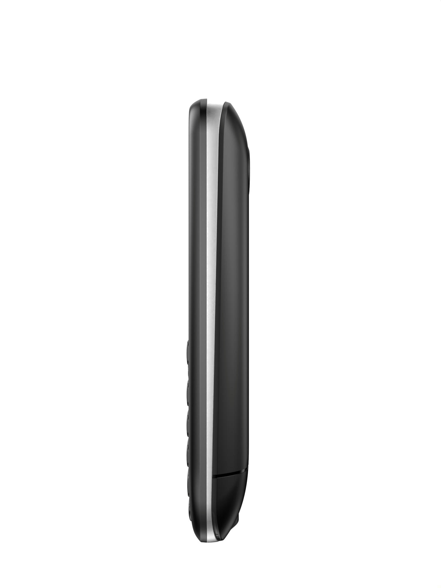 Seitenansicht eines schwarzen Mobiltelefons. Weißer Hintergrund.
