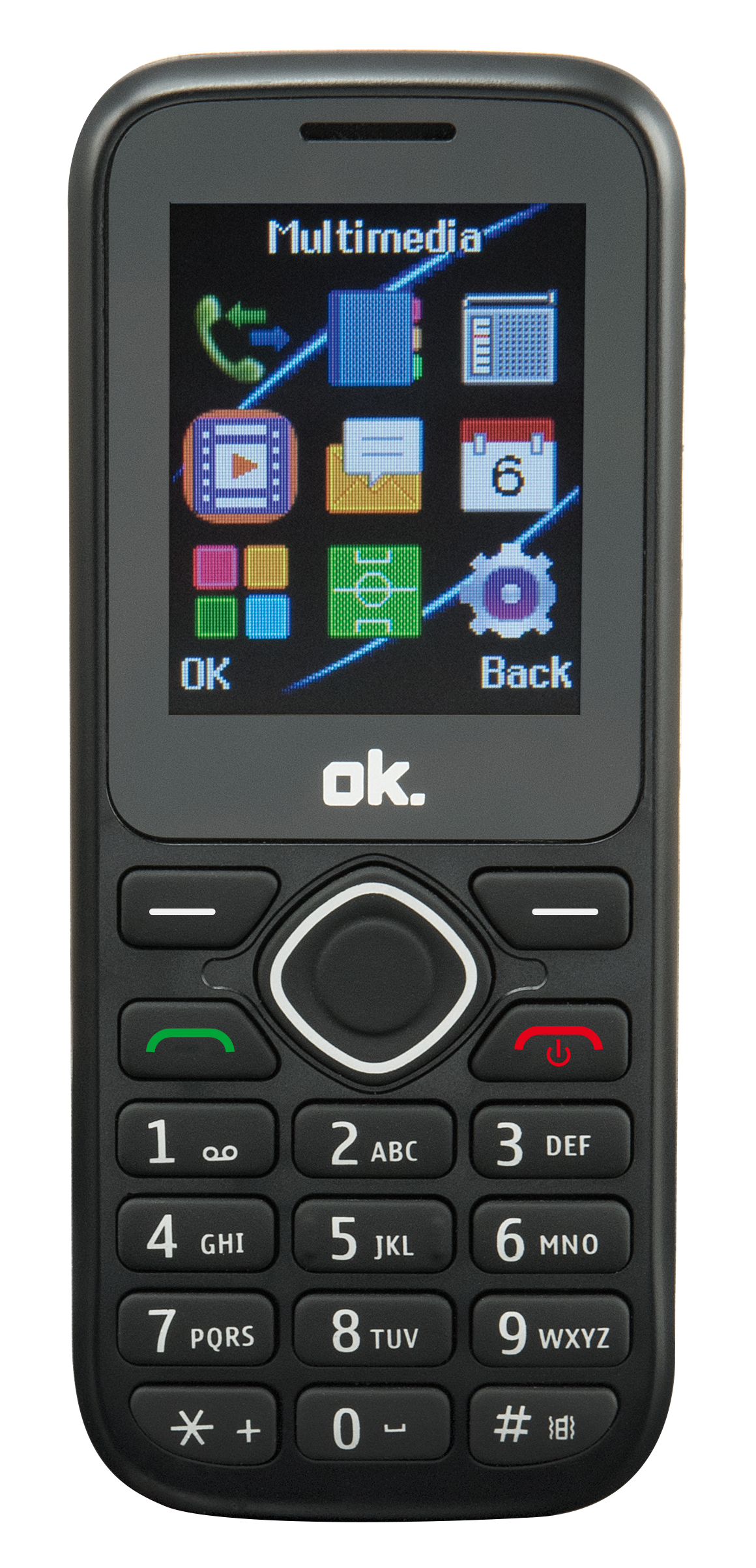 Schwarzes Telefon mit Multimedia-Symbolen auf dem Bildschirm. Zahlen und Tasten unter dem Bildschirm.