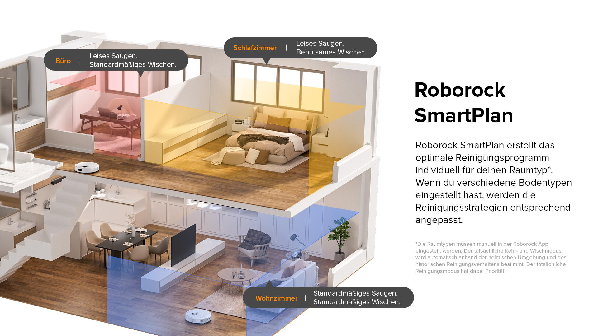 Roborock SmartPlan Diagramm mit Raumreinigungsbereichen.