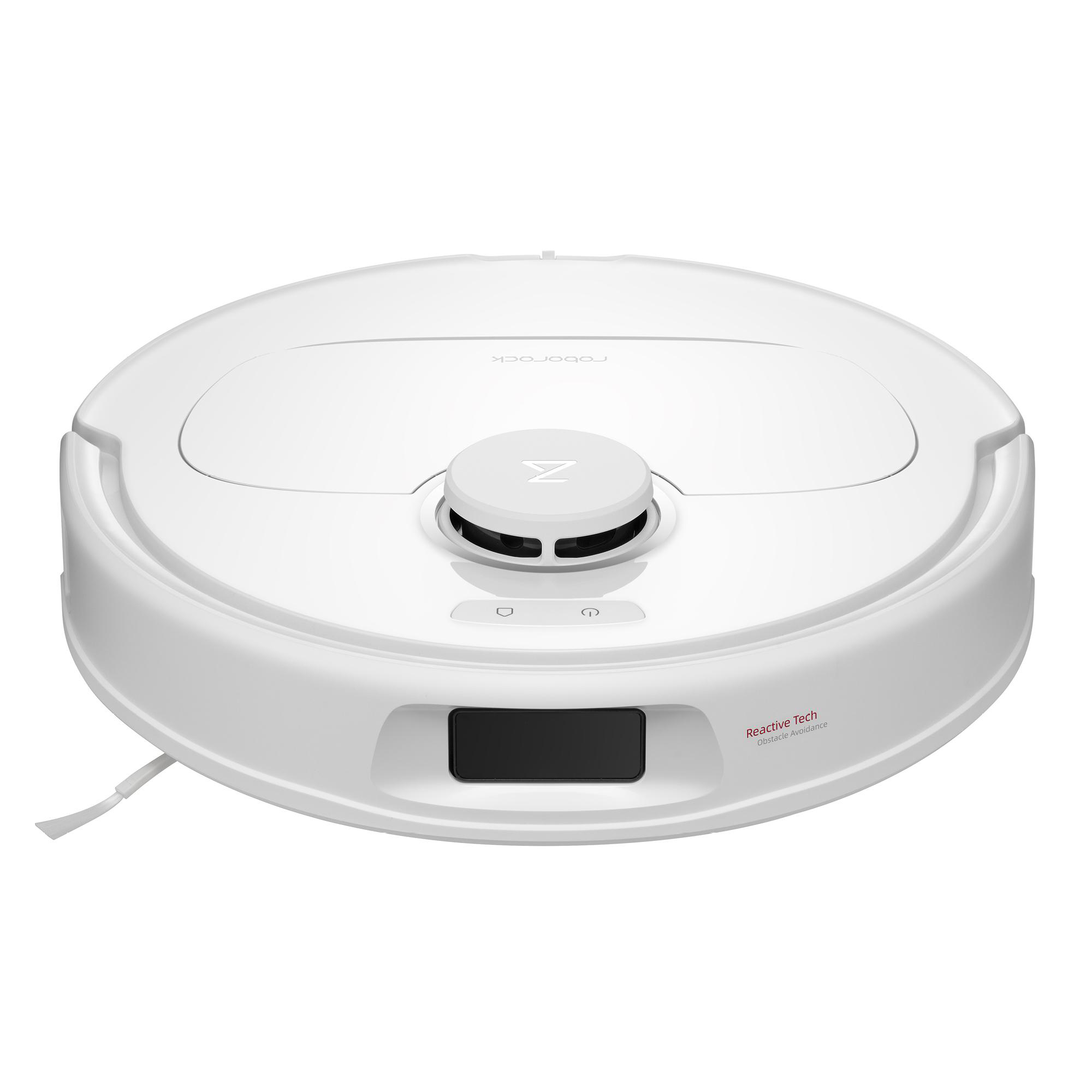 Weißer runder Roboter-Staubsauger. Hat eine schwarze Oberseite und einen kleinen schwarzen Bildschirm. Graue Bürste an der Seite.