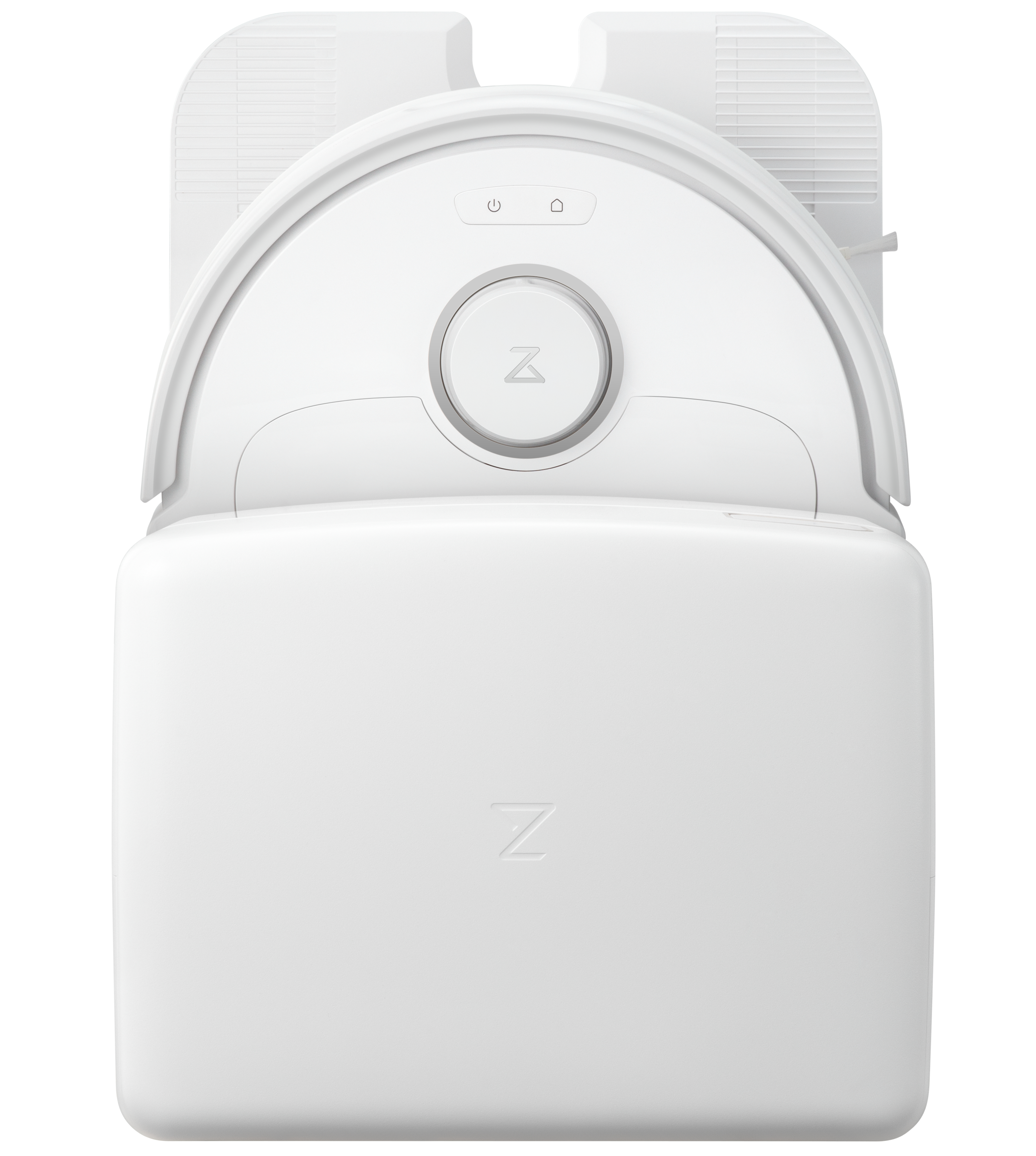 Ein weißer Roborock Roboter-Staubsauger und seine Ladestation, Draufsicht, mit einem Z-Logo.