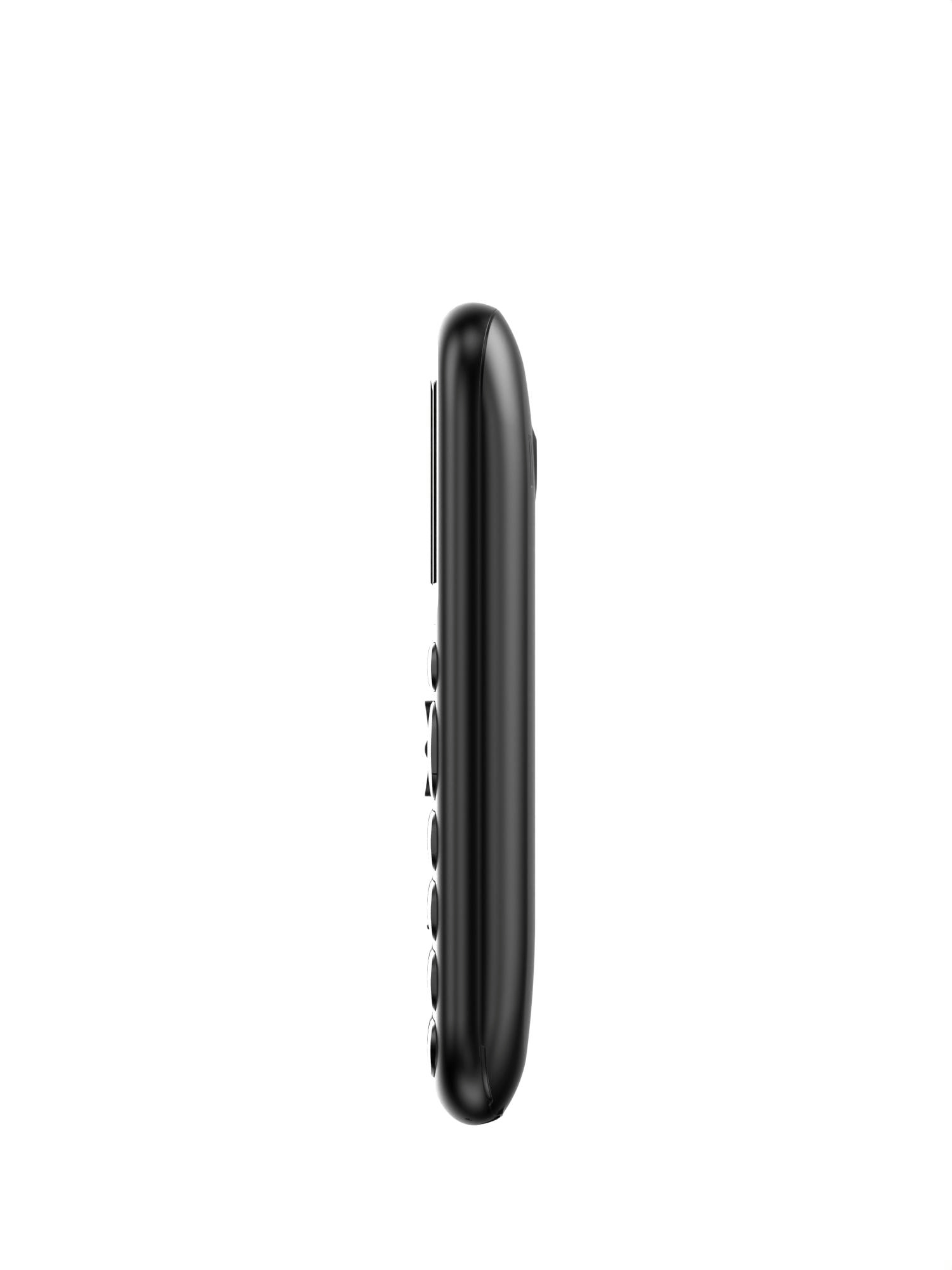 Schwarzes Telefon, Seitenansicht. Zeigt die abgerundeten Kanten und Knöpfe. Weißer Hintergrund.