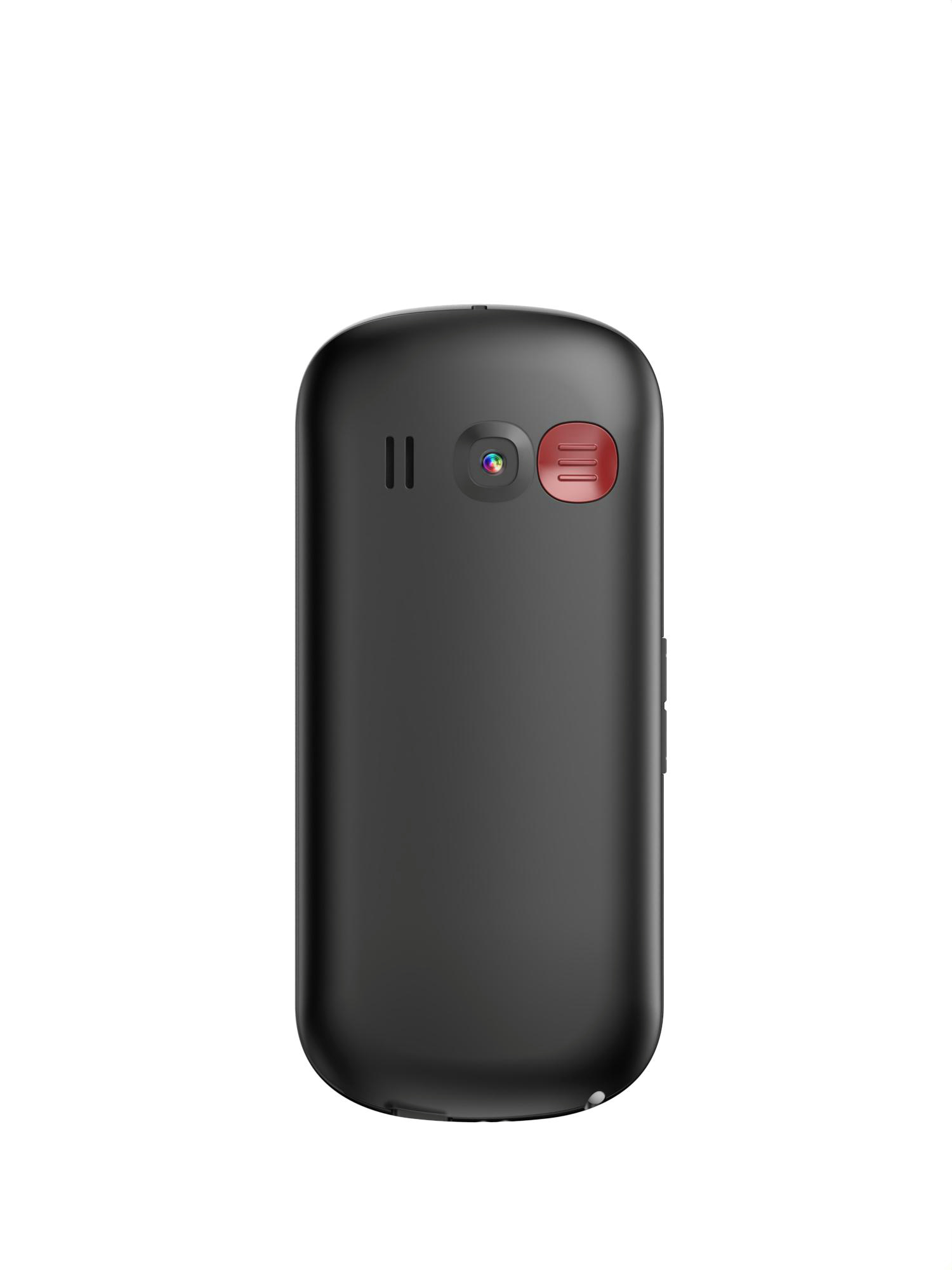 Schwarzes, einfaches Mobiltelefon mit roter Taste und Kamera, auf weißem Grund.