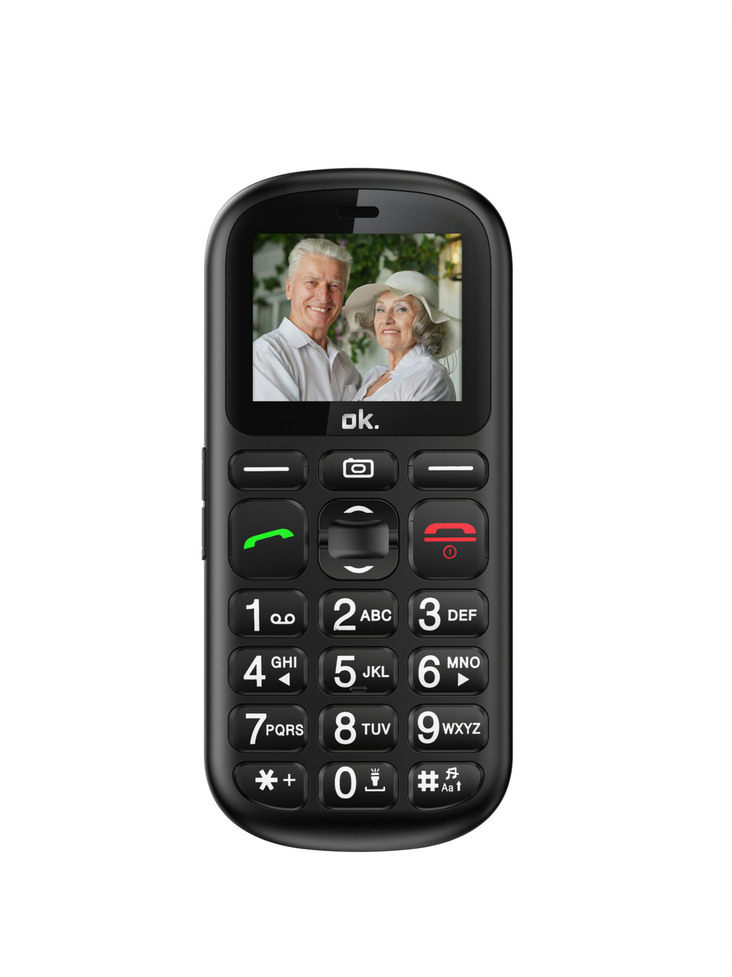 Ein schwarzes Mobiltelefon zeigt ein Foto eines lächelnden älteren Paares auf dem Bildschirm.