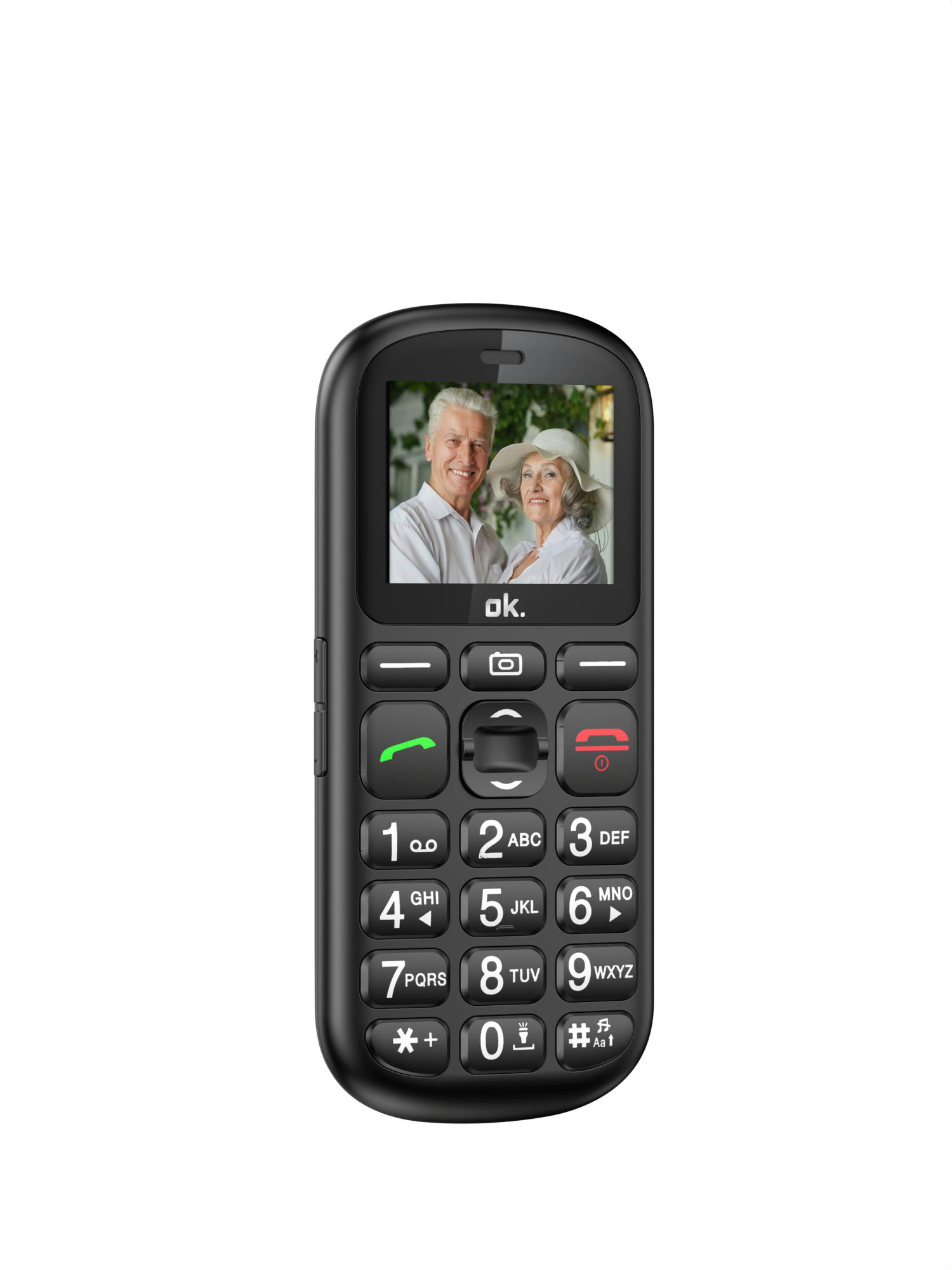 Ein schwarzes Klapphandy mit einem Paar auf dem Bildschirm. Das Telefon ist auf weißem Grund.