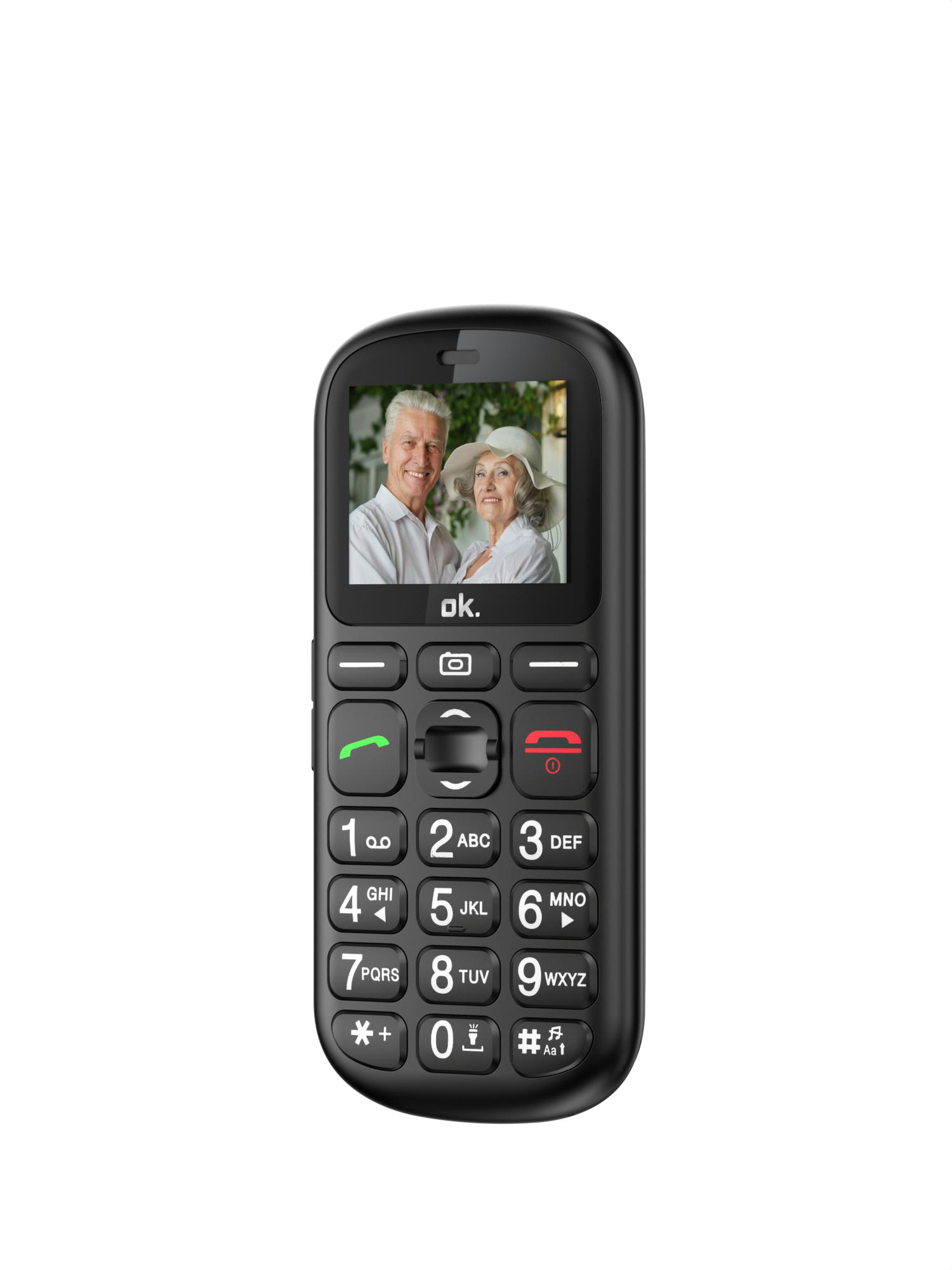 Schwarzes Telefon, geöffnet, zeigt ein Foto eines älteren Paares. Große Tasten und Bildschirm. Weißer Hintergrund.