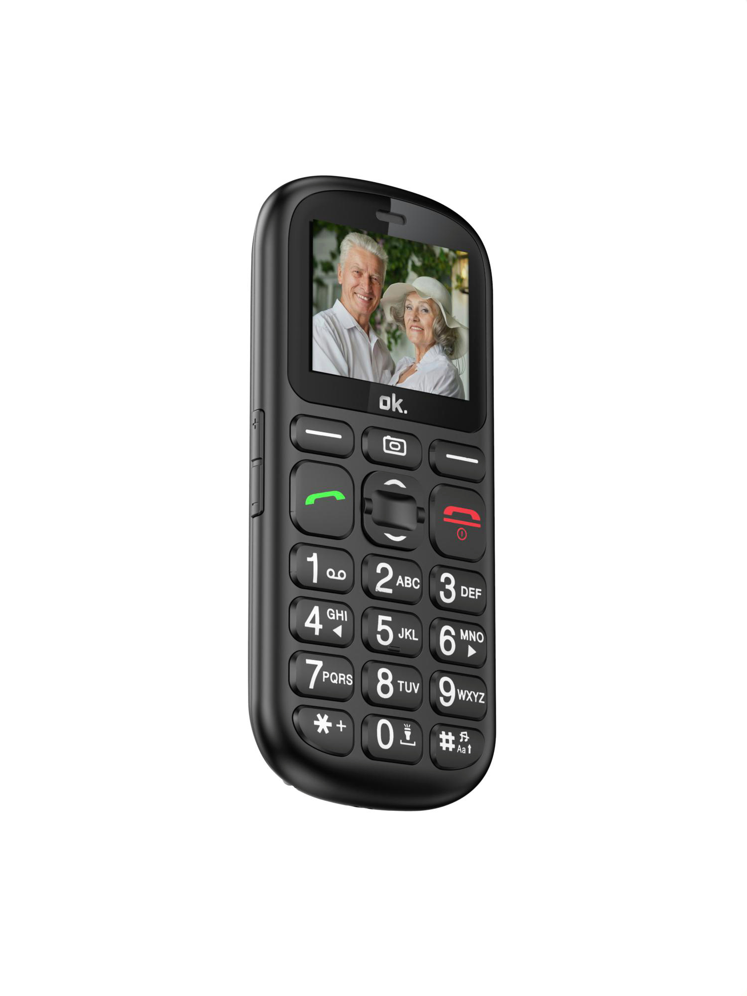 Schwarzes Mobiltelefon mit großen Tasten und Foto.